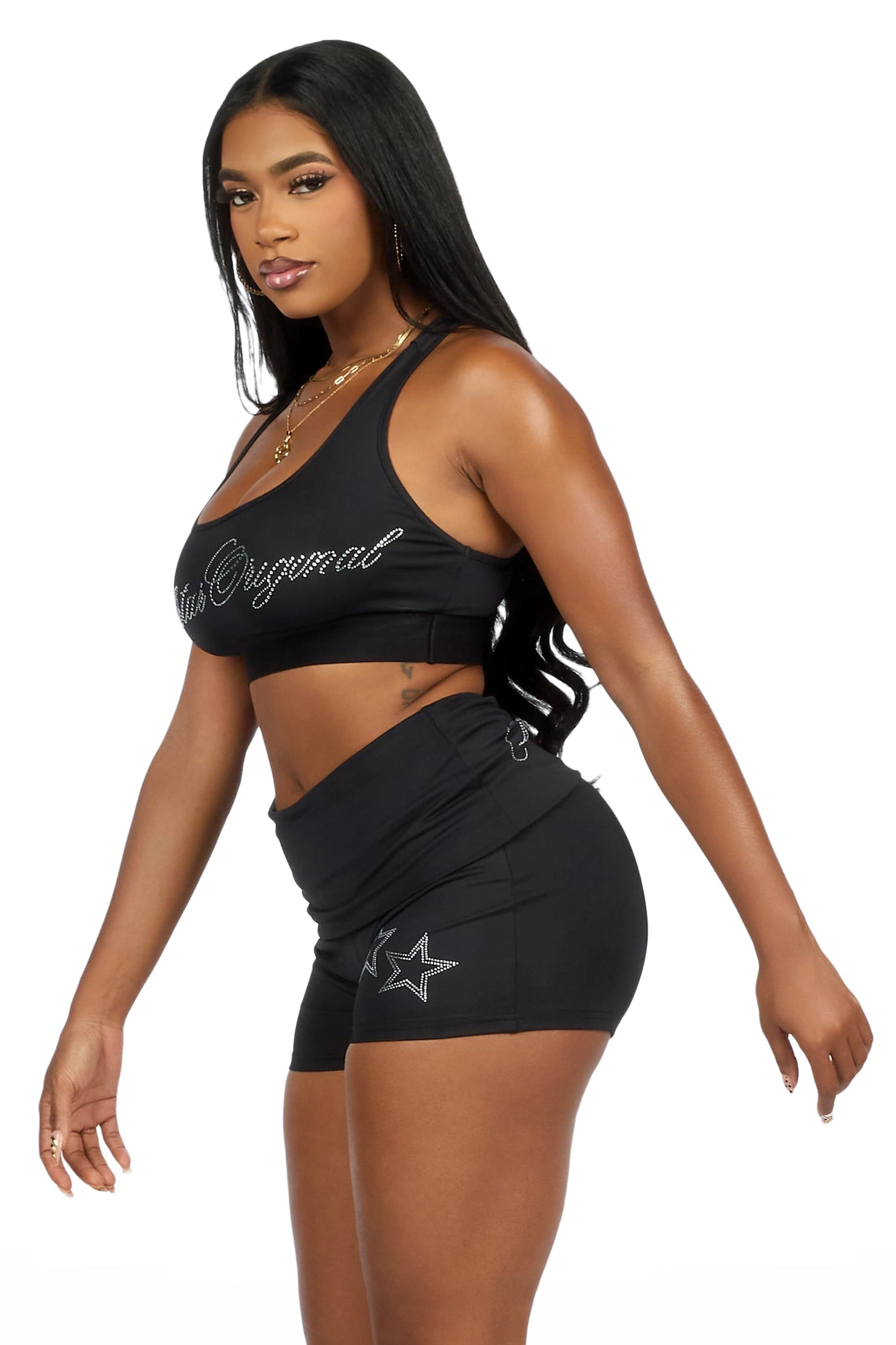 Arieona Black Rhinestone Sports Bra Foldover Short Set