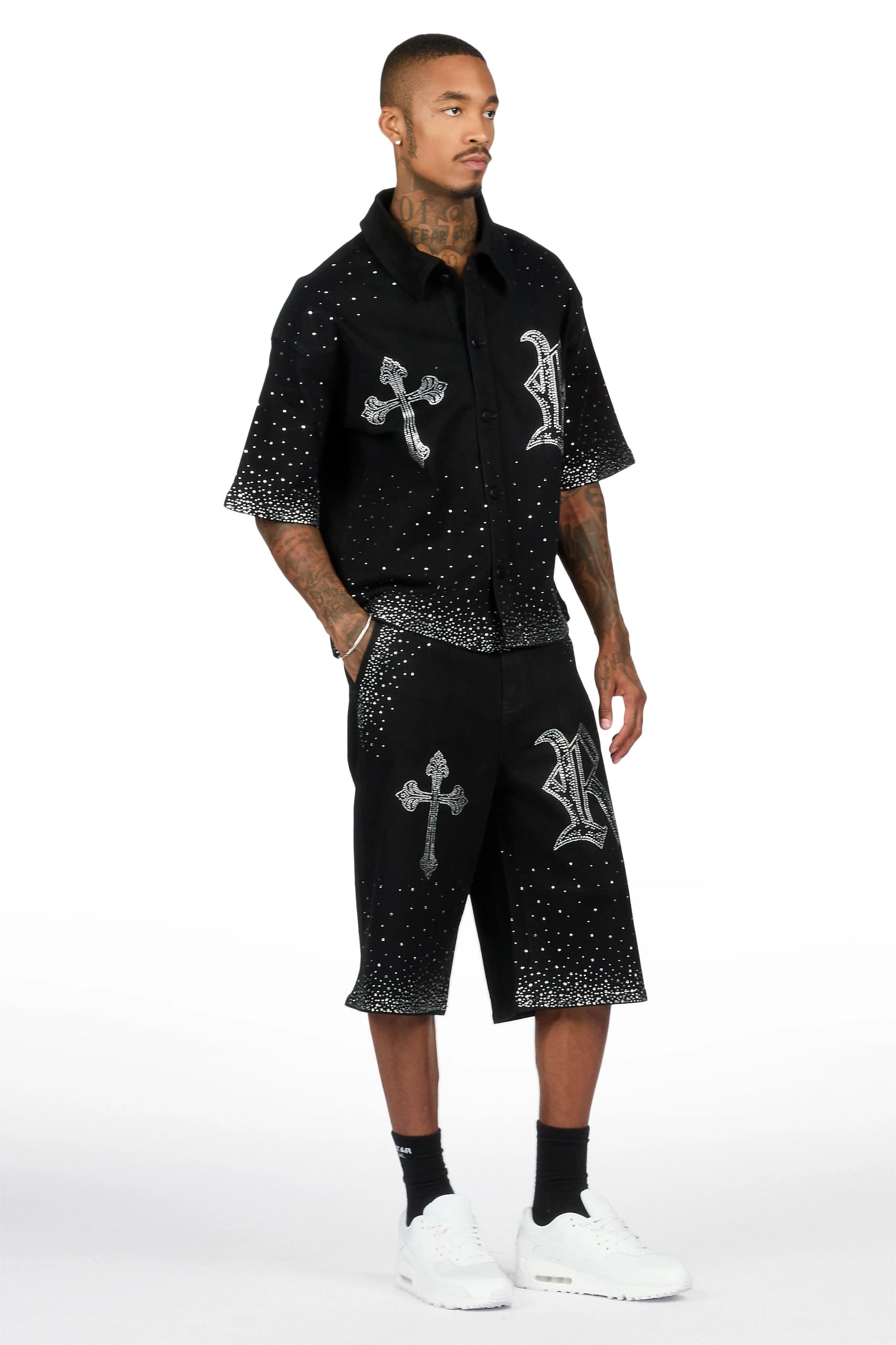 Clemente Jet Black Rhinestone Button Down Shirt Jort Set