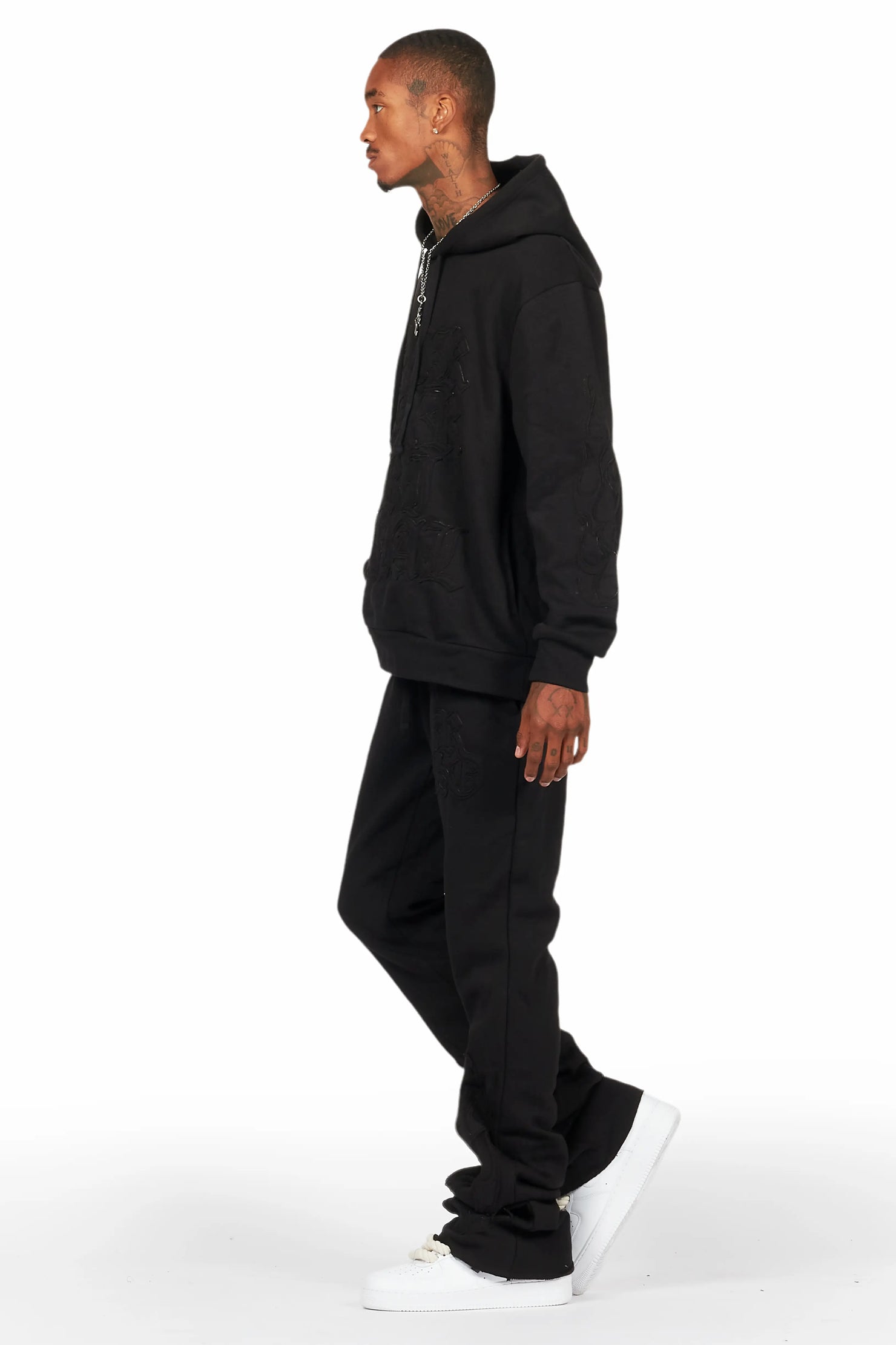 Foresty Black Hoodie Stacked Flare Track Set