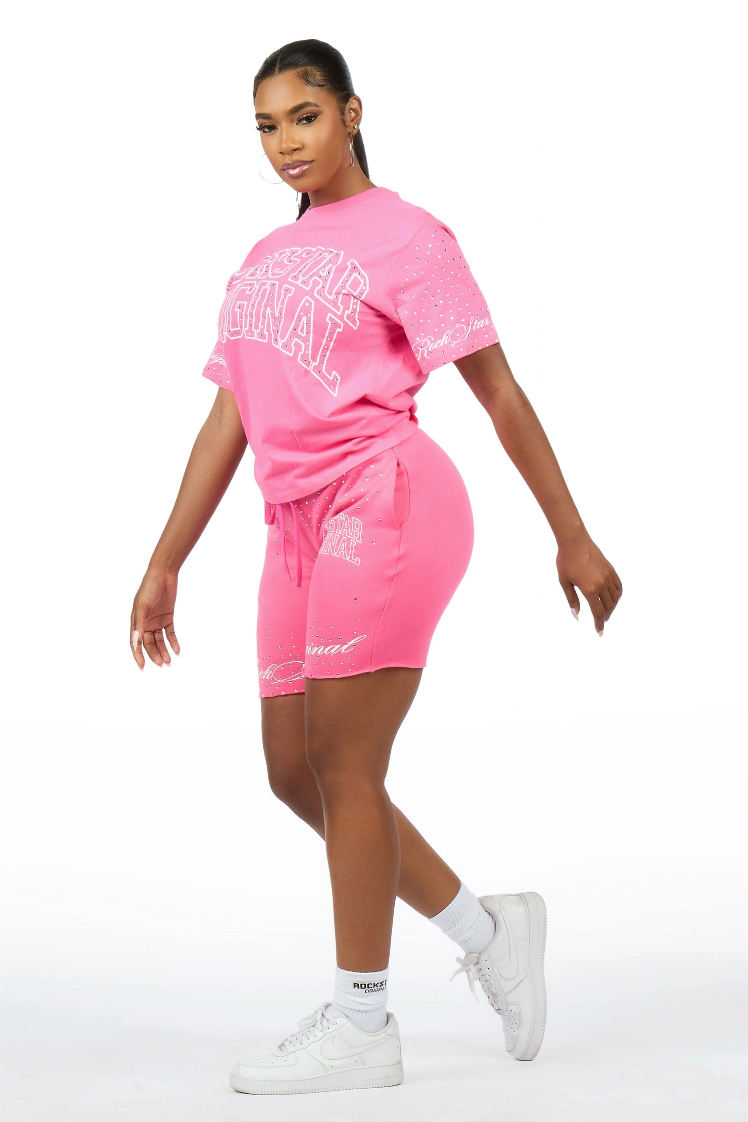 Lakisha Pink Rhinestone T-Shirt Short Set