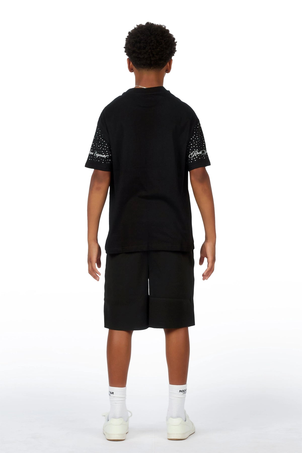 Boys Dripped Black Rhinestone Oversized T-Shirt/Short Set
