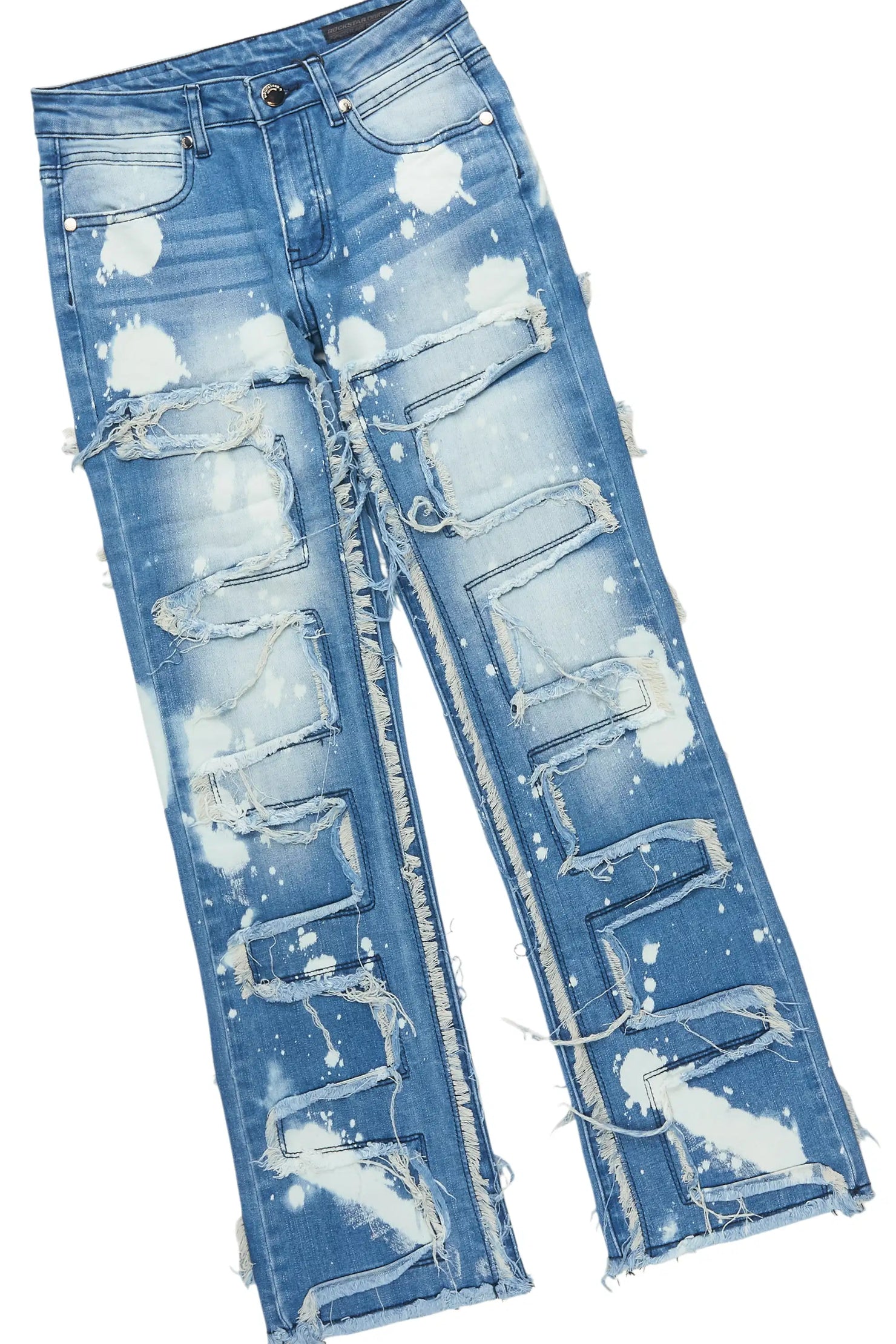 Boys Roeland White Long Sleeve T-Shirt & Laban Blue Bleach Stacked Flare Jean Set