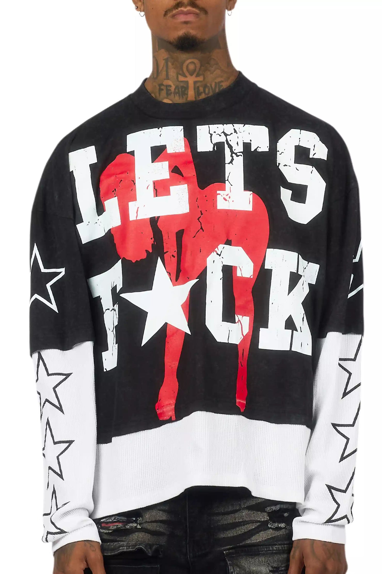 Pacino Vintage Black/White Boxy Crop Double Layer Tee