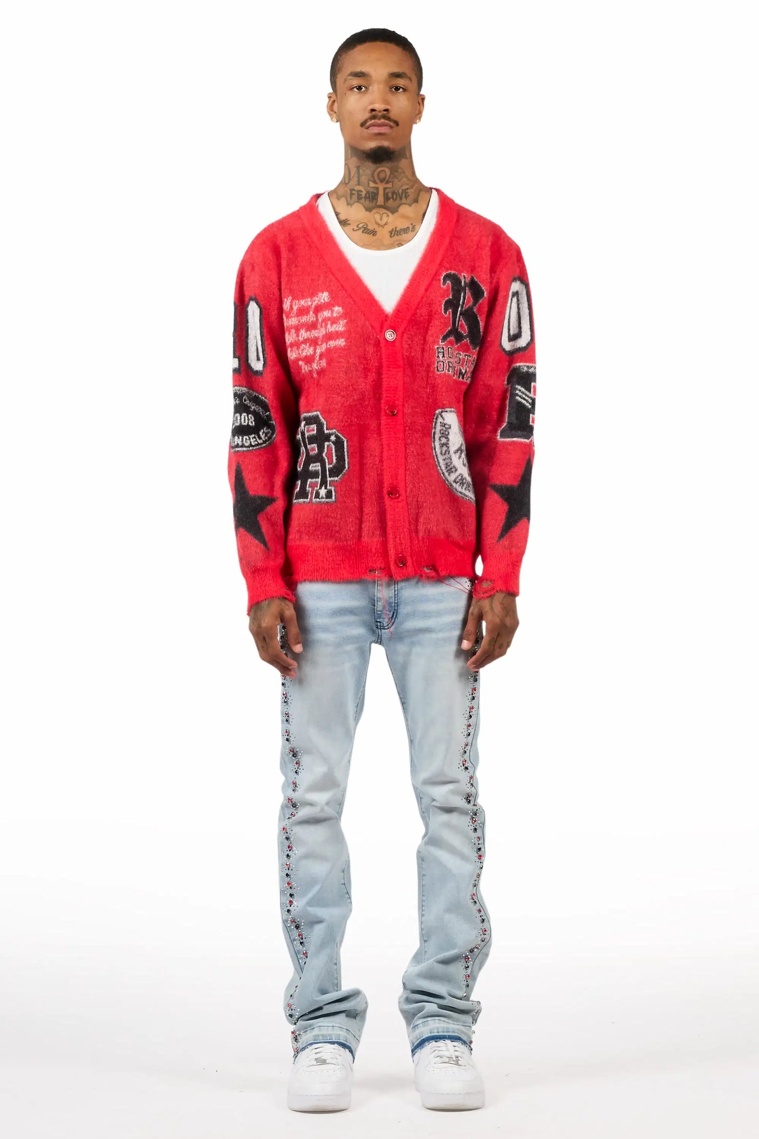 Ozi Rhinestone Light Blue Stacked Flare Jean