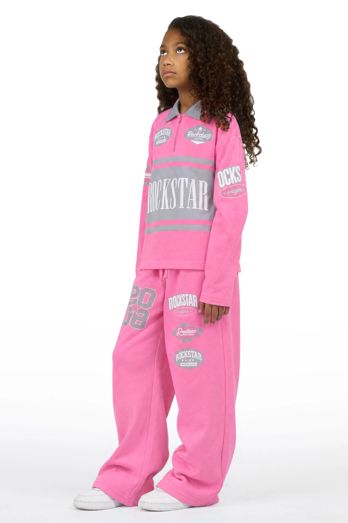 Girls Versenya Bubblegum/Grey Long Sleeve Polo Track Set