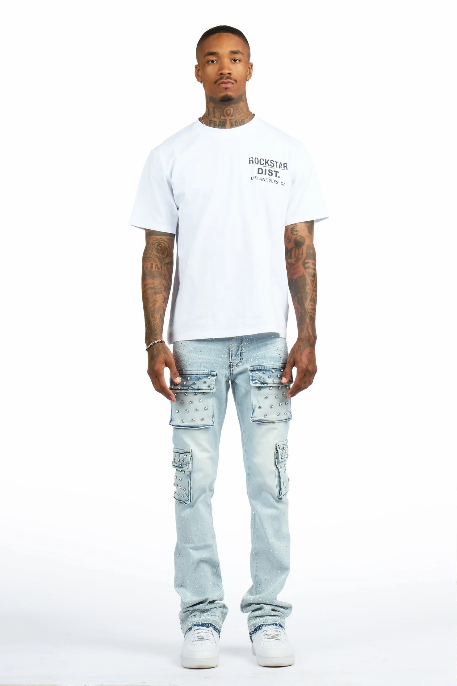Arman Light Blue Rhinestone Stacked Fit Jean