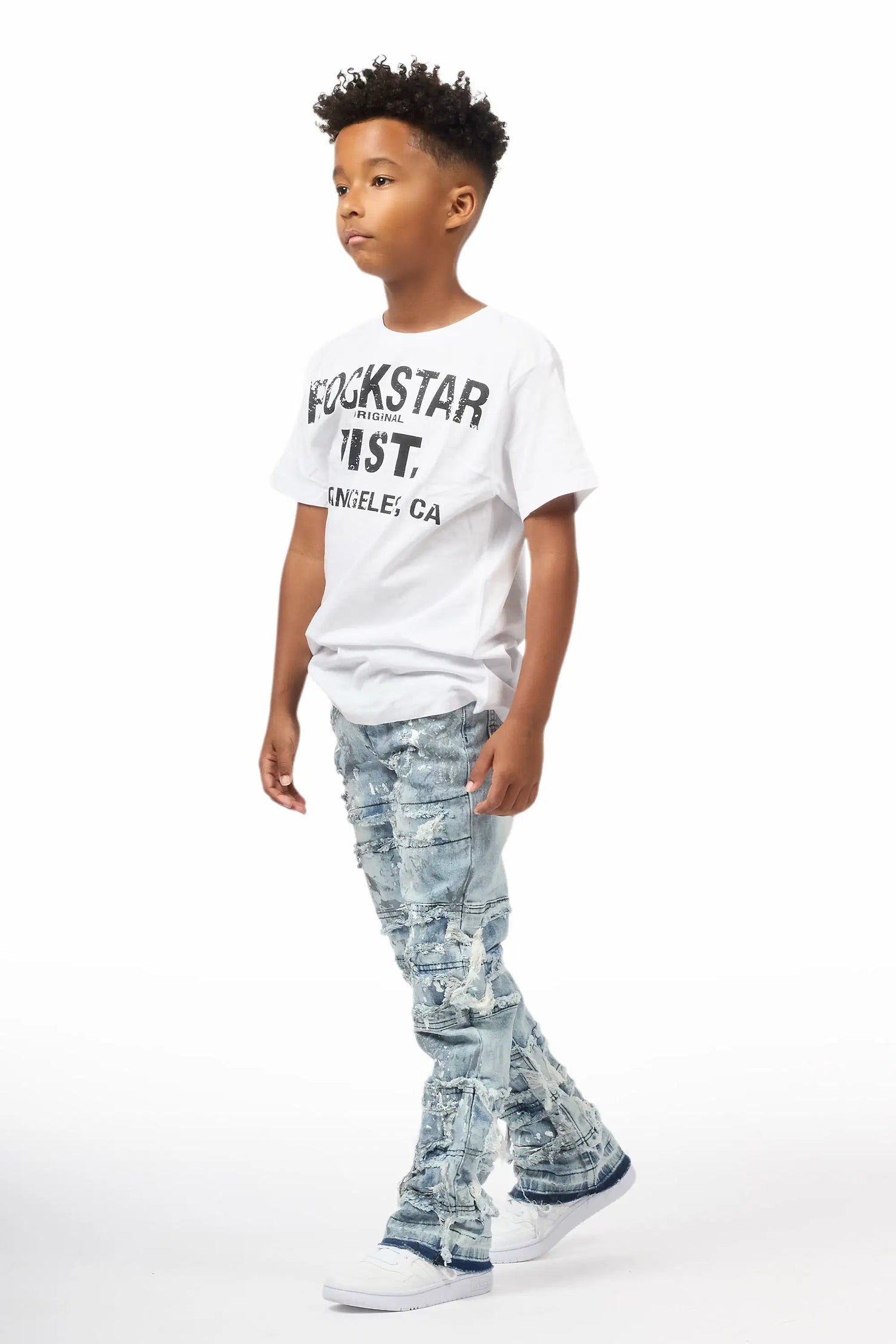 Boys Meille Blue/White Stacked Painter Flare Jean
