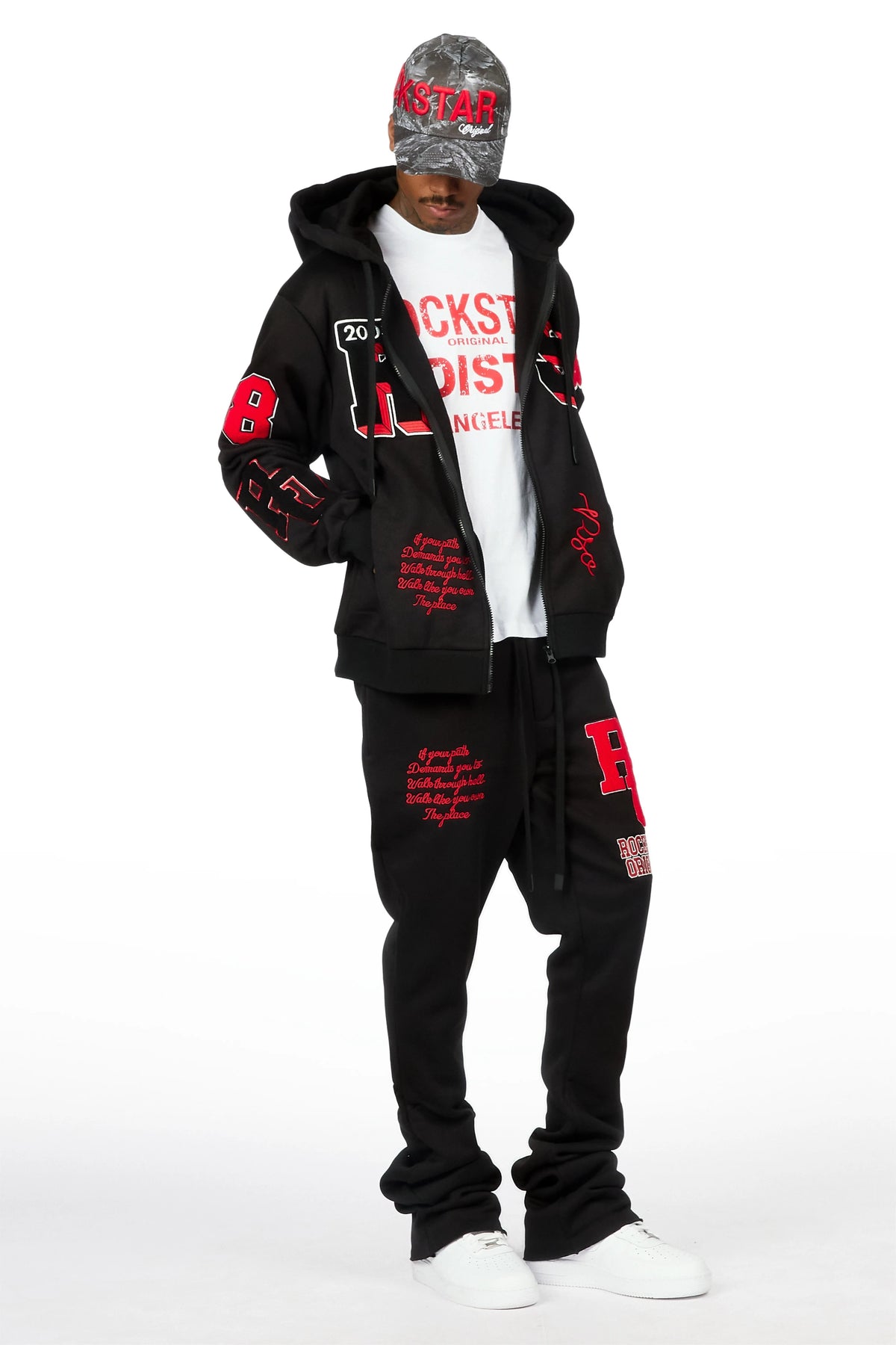 Leslaw Black/Red Zip Up Hoodie Stacked Track Set