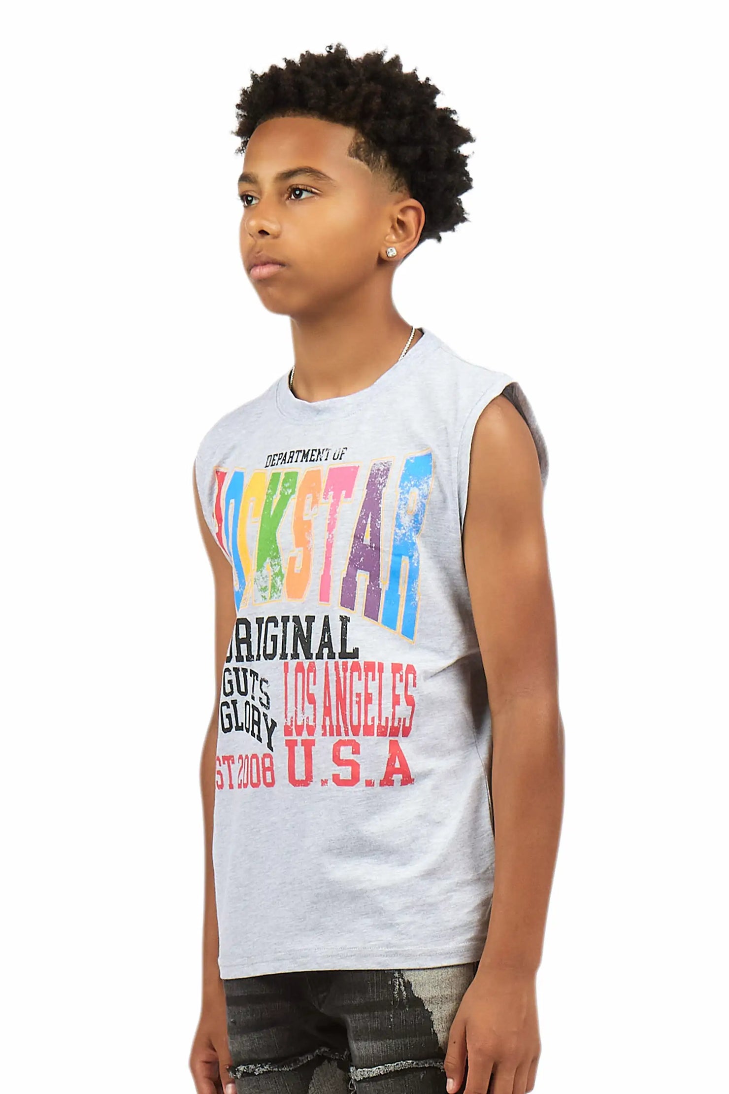 Boys Keen Heather Grey Cut Off Graphic T-Shirt