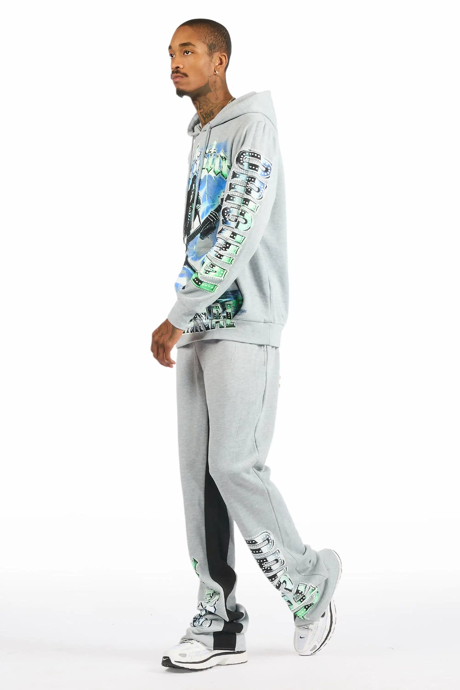 Wekken Heather Grey/Blue Hoodie/Baggy Stacked Track Pant Set