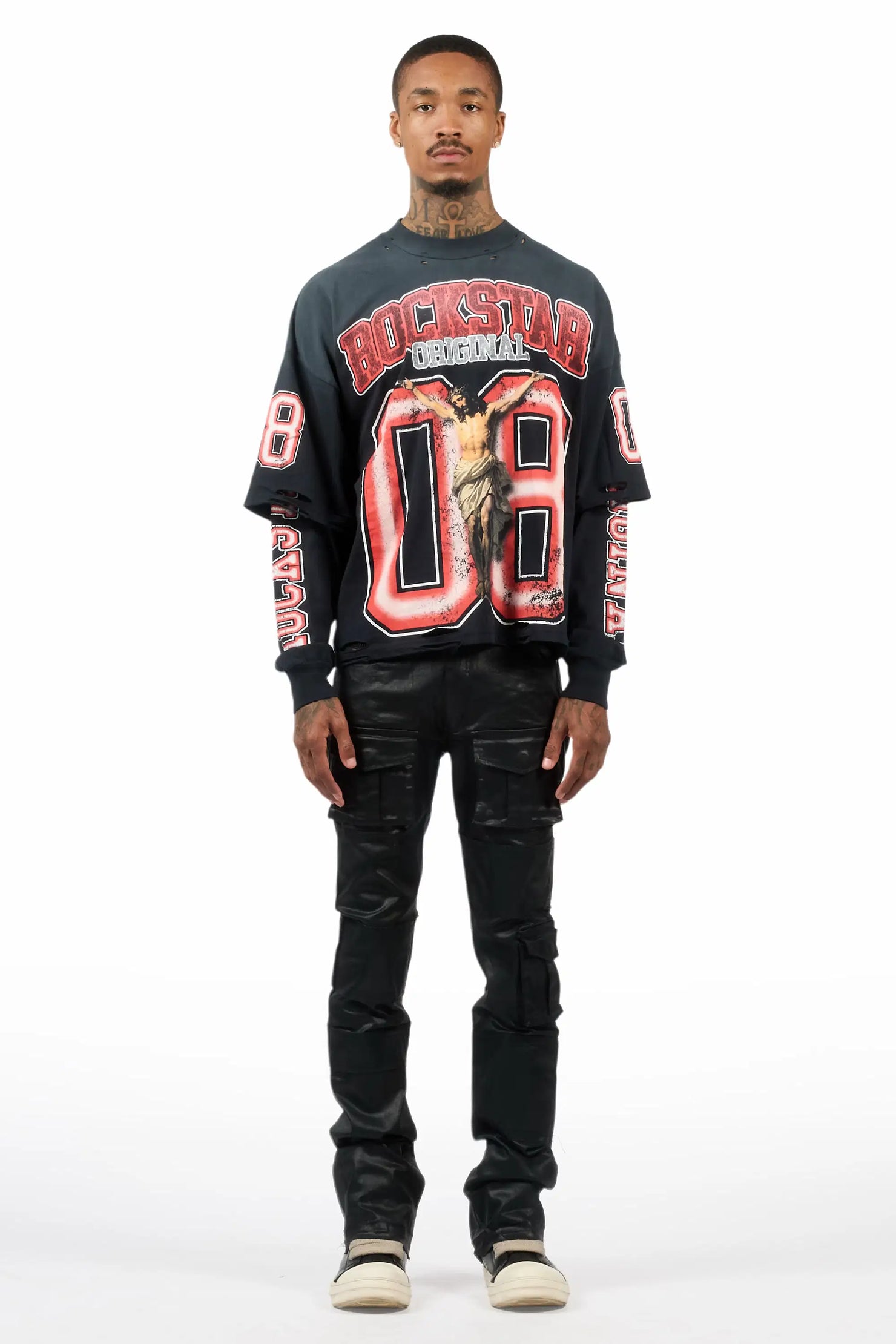 Folant Black Stacked Flare Coated Pant