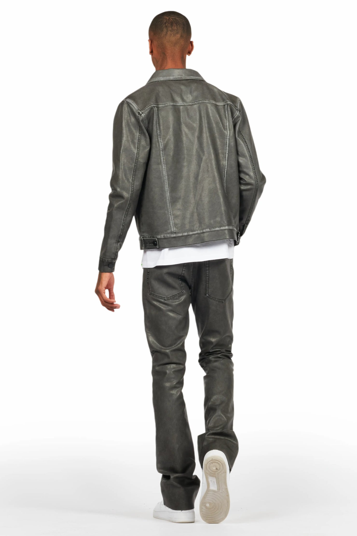 Deco Black Distressed PU Stacked Flare Jean