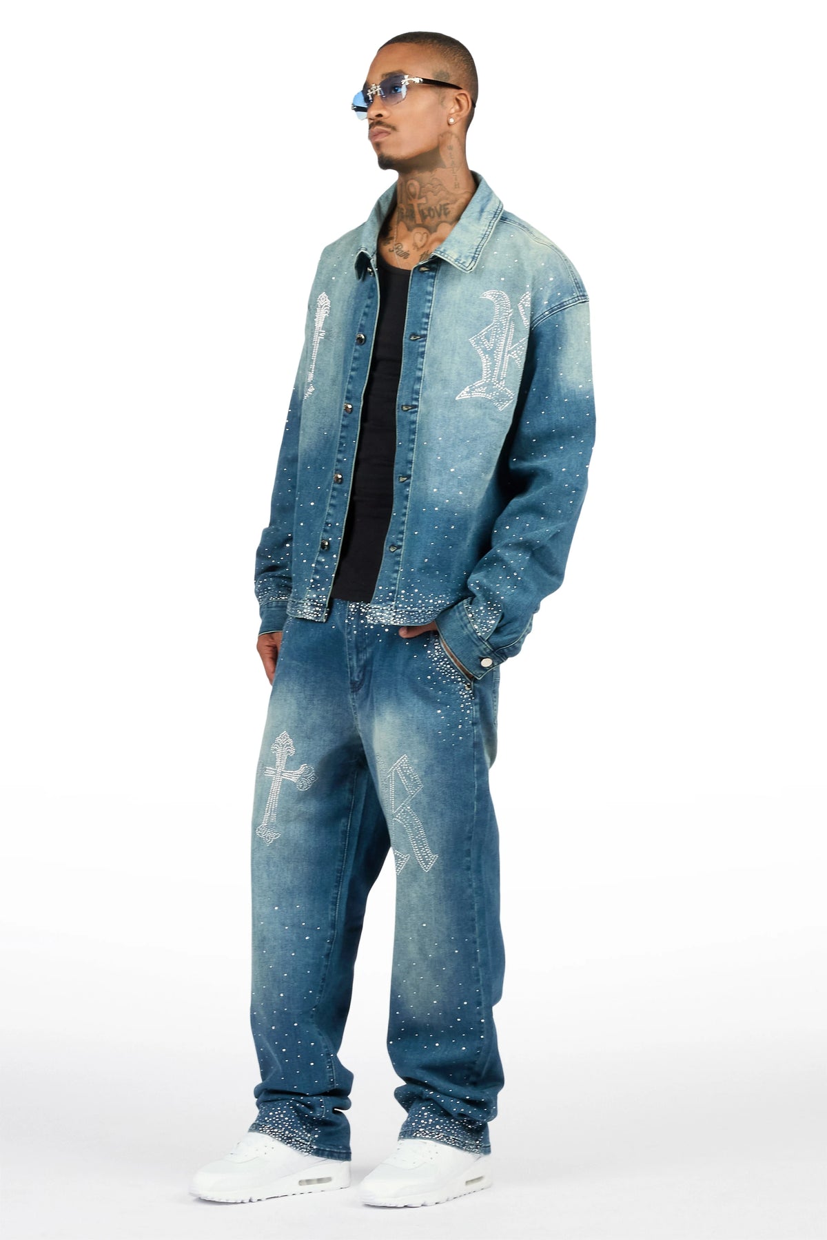 Clemente Blue Rhinestone Button Down Shirt/Jean Set