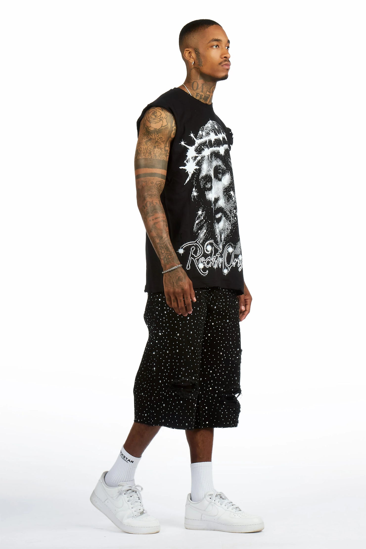 Zayir Black/Jet Black Oversized Graphic T-Shirt & Discolite Rhinestone Denim Jort Set