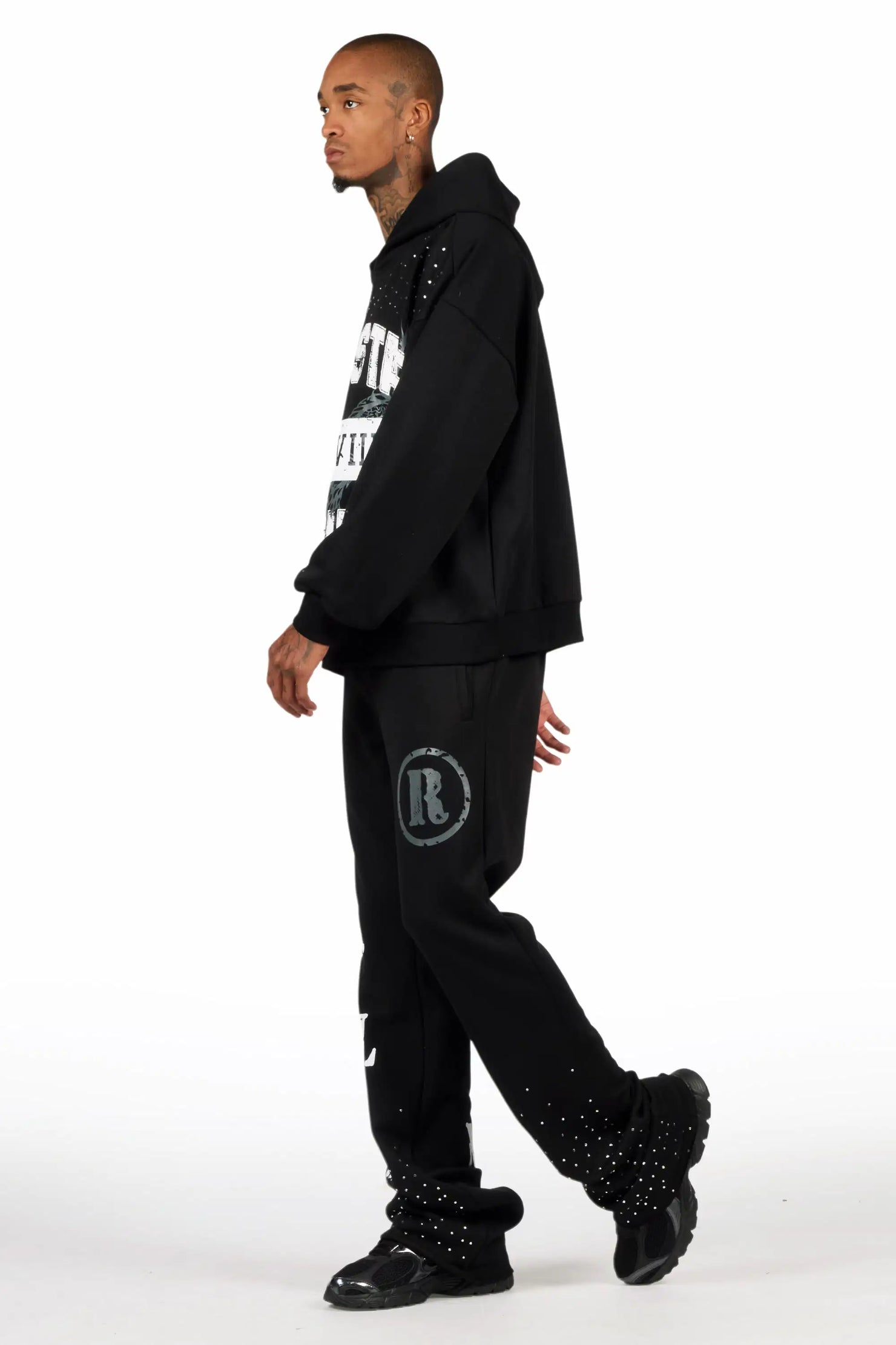 Borya Black Rhinestone Hoodie/Stacked Pant Track Set