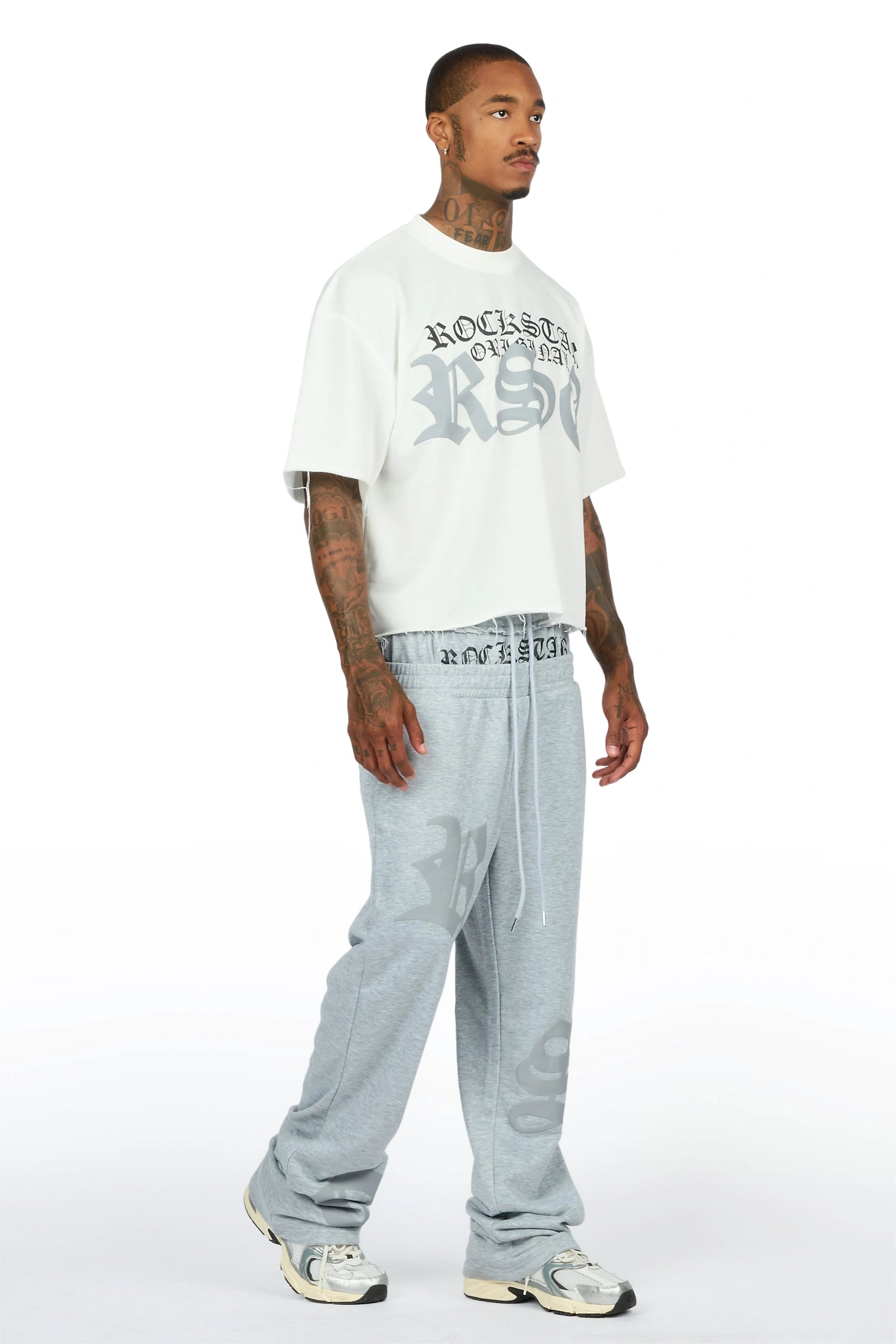 Burke Heather Grey Chenille Patch Boxy Tee/Double Waistband Pant Track Set