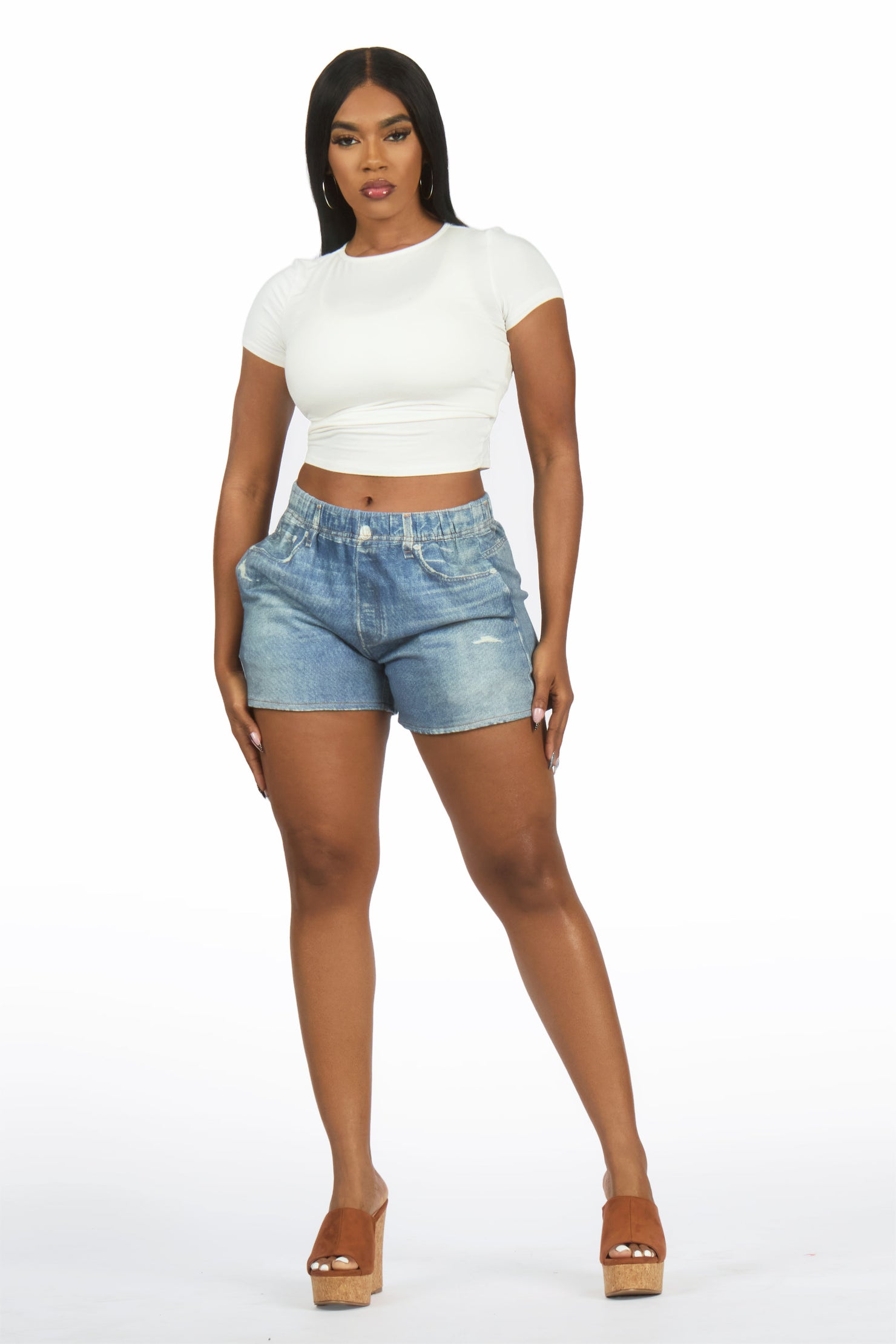 Ishara Med. Wash Denim Print Stretch Terry Sweatpant Short