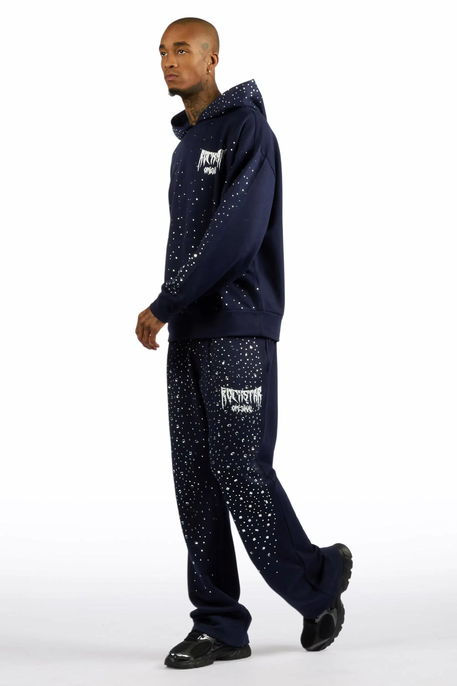 Twinkle Navy/White Rhinestone Hoodie Relaxed Track Set