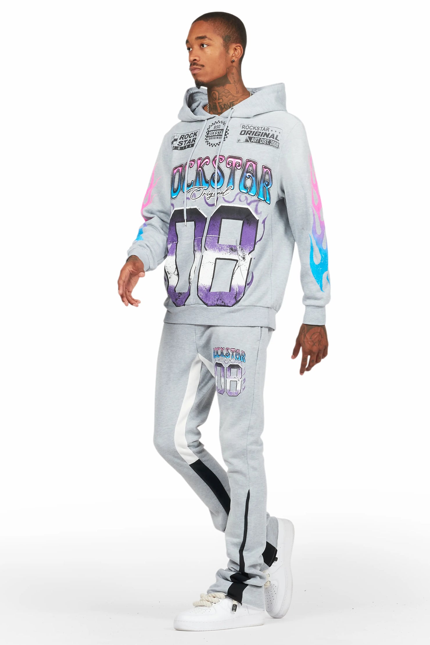 Quito Heather Grey Stacked Flare Hoodie Track Set