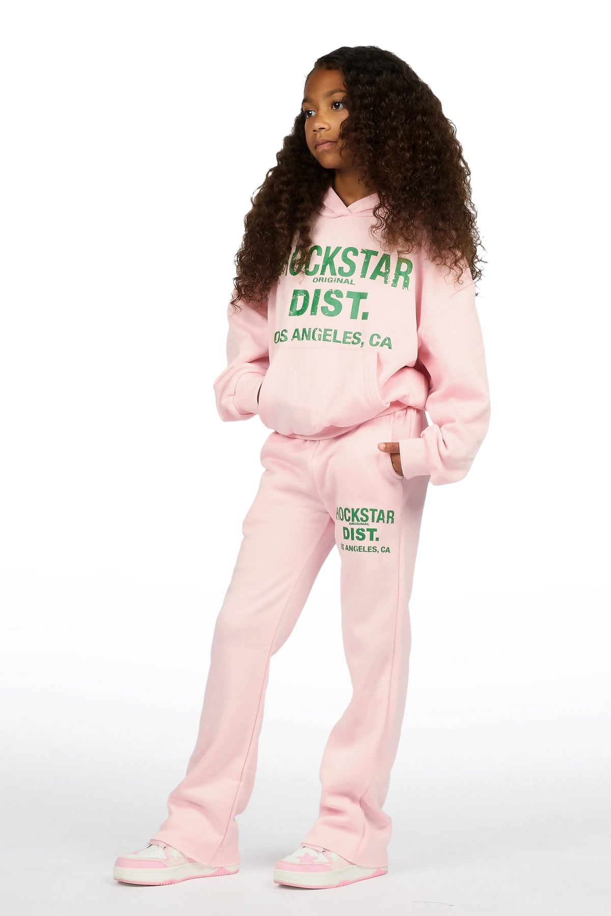 Girls Dalasia Light Pink/Green Hoodie/Stacked Flare Track Set