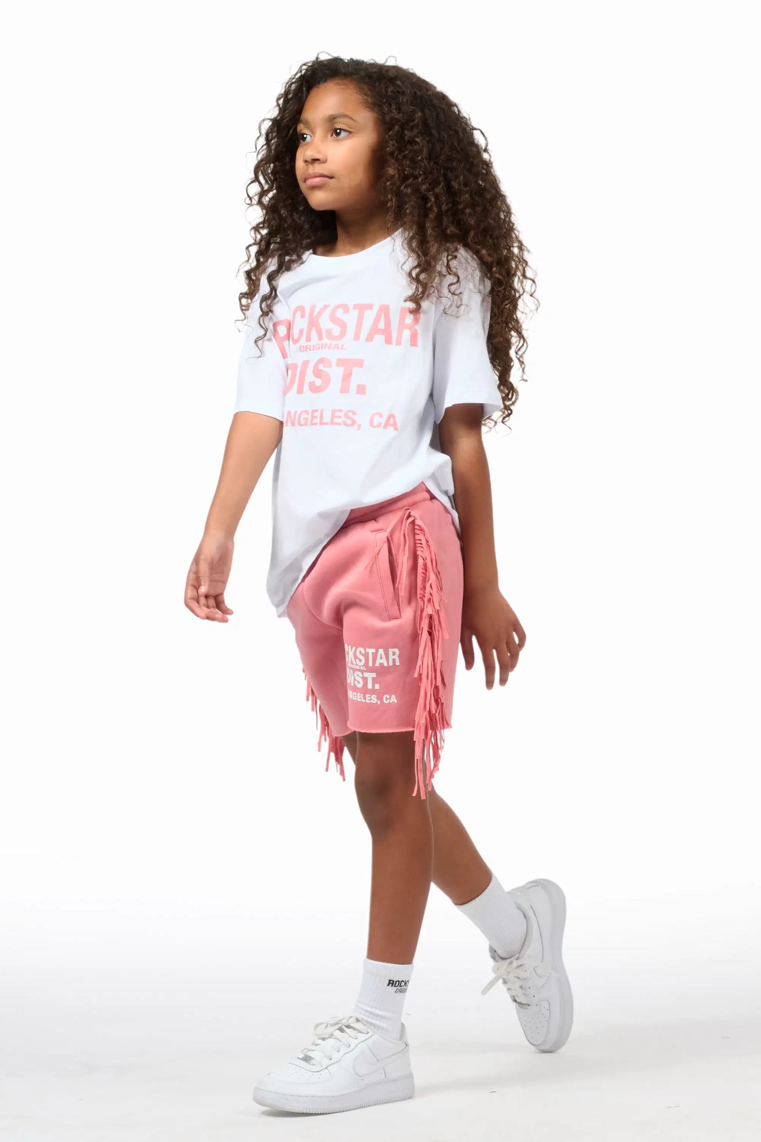 Girls Kendra White/Pink Graphic T-Shirt/Fringe Short Set
