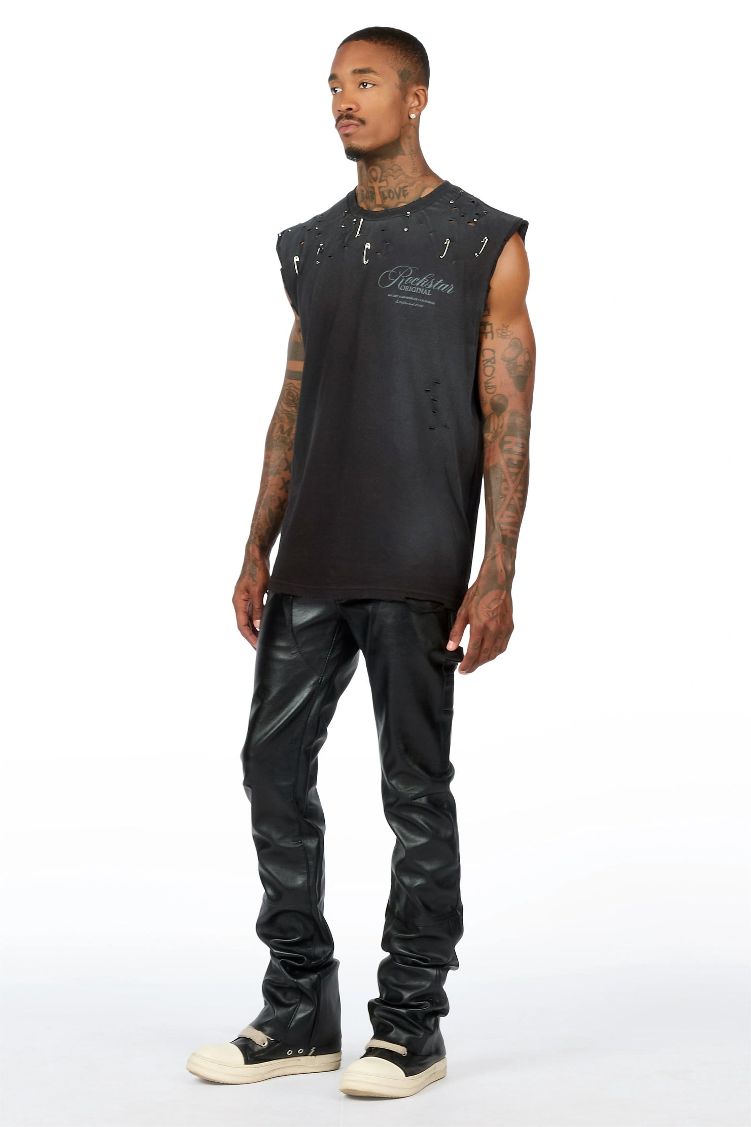 Yozi Black Cut Sleeve T-Shirt & Quatz Leather Stacked Flare Jean