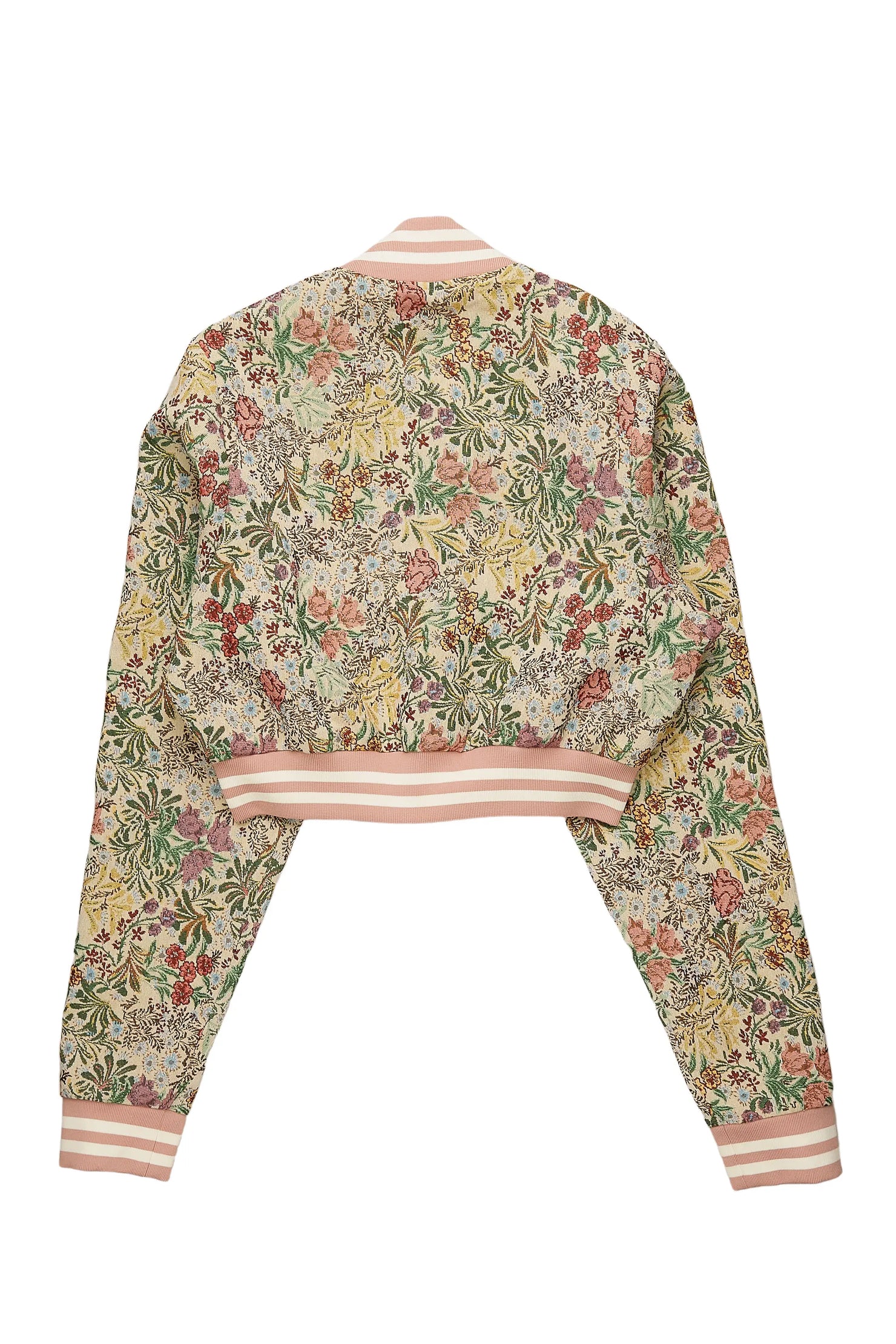 Tamia Beige Crop Tapestry Varsity Jacket