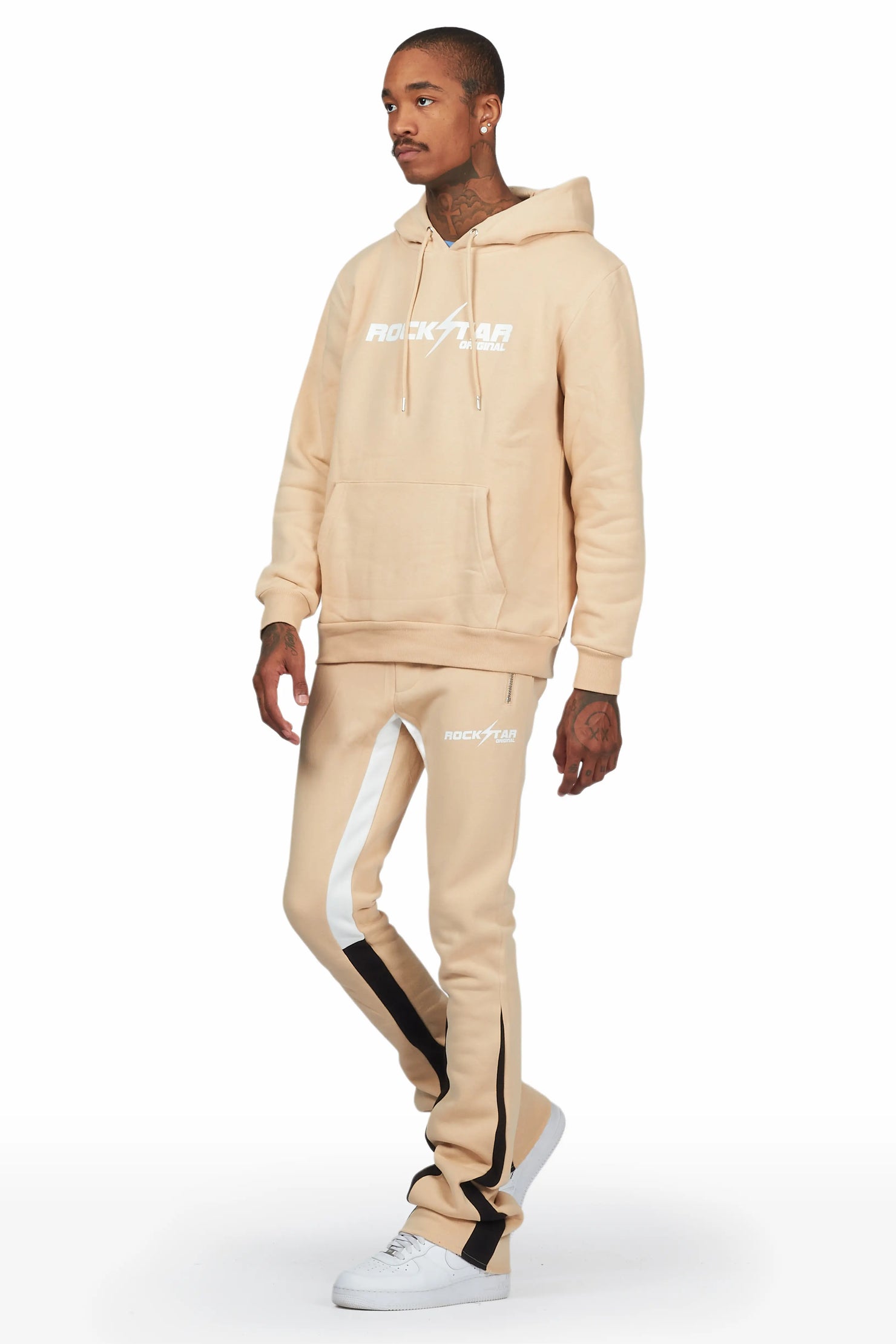 Rory Beige Hoodie Stacked Flare Pant Set