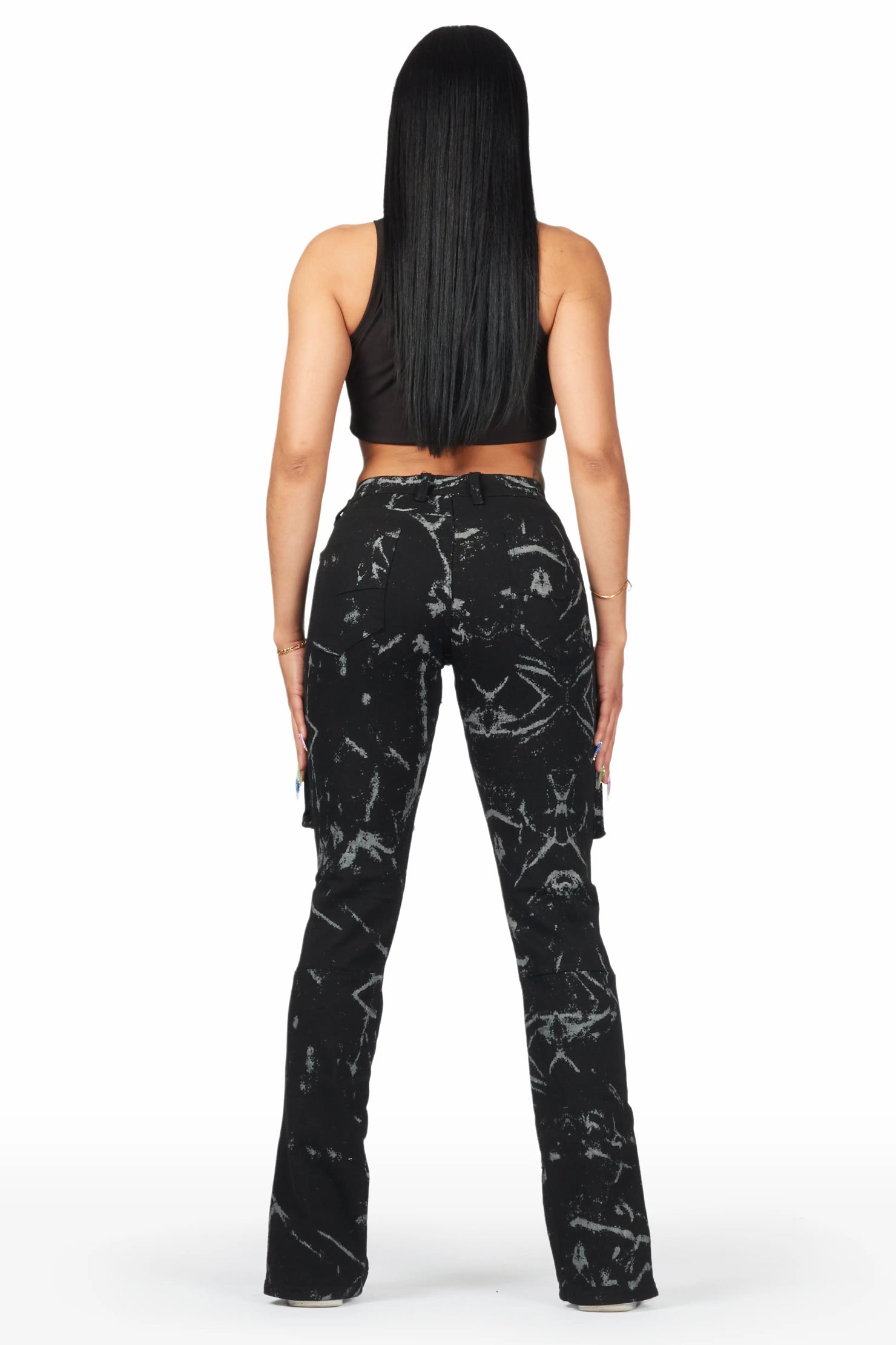 Shikira Black Marble Stacked Flare Jean