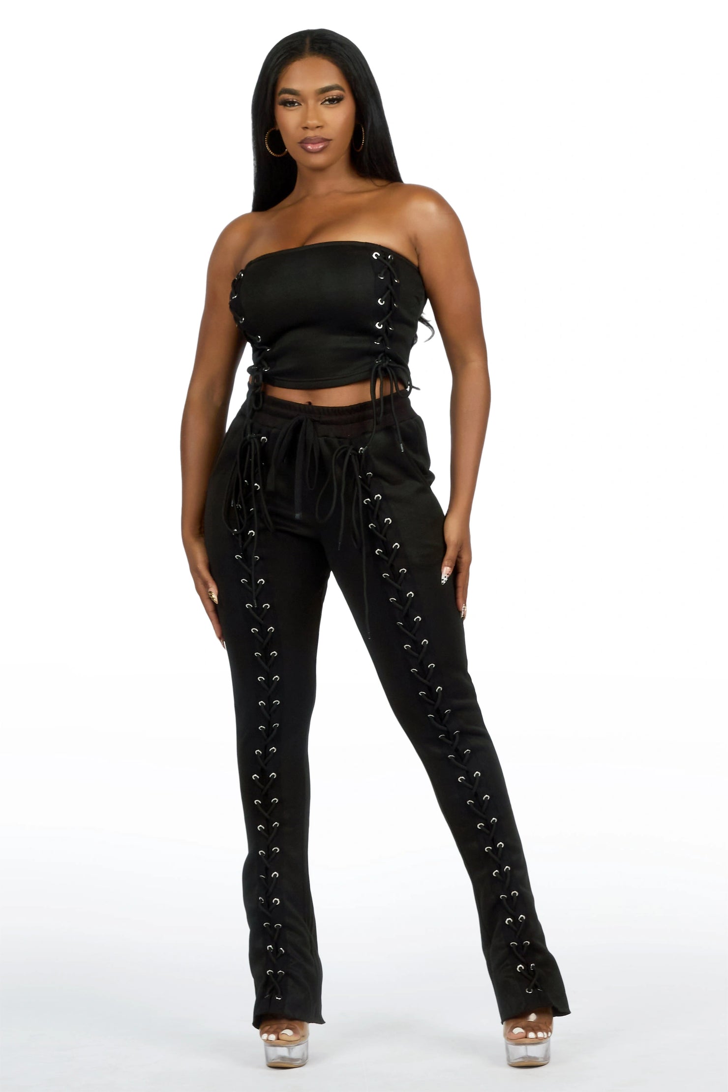 KaeMyna Black Lace Up Tube Stacked Track Set