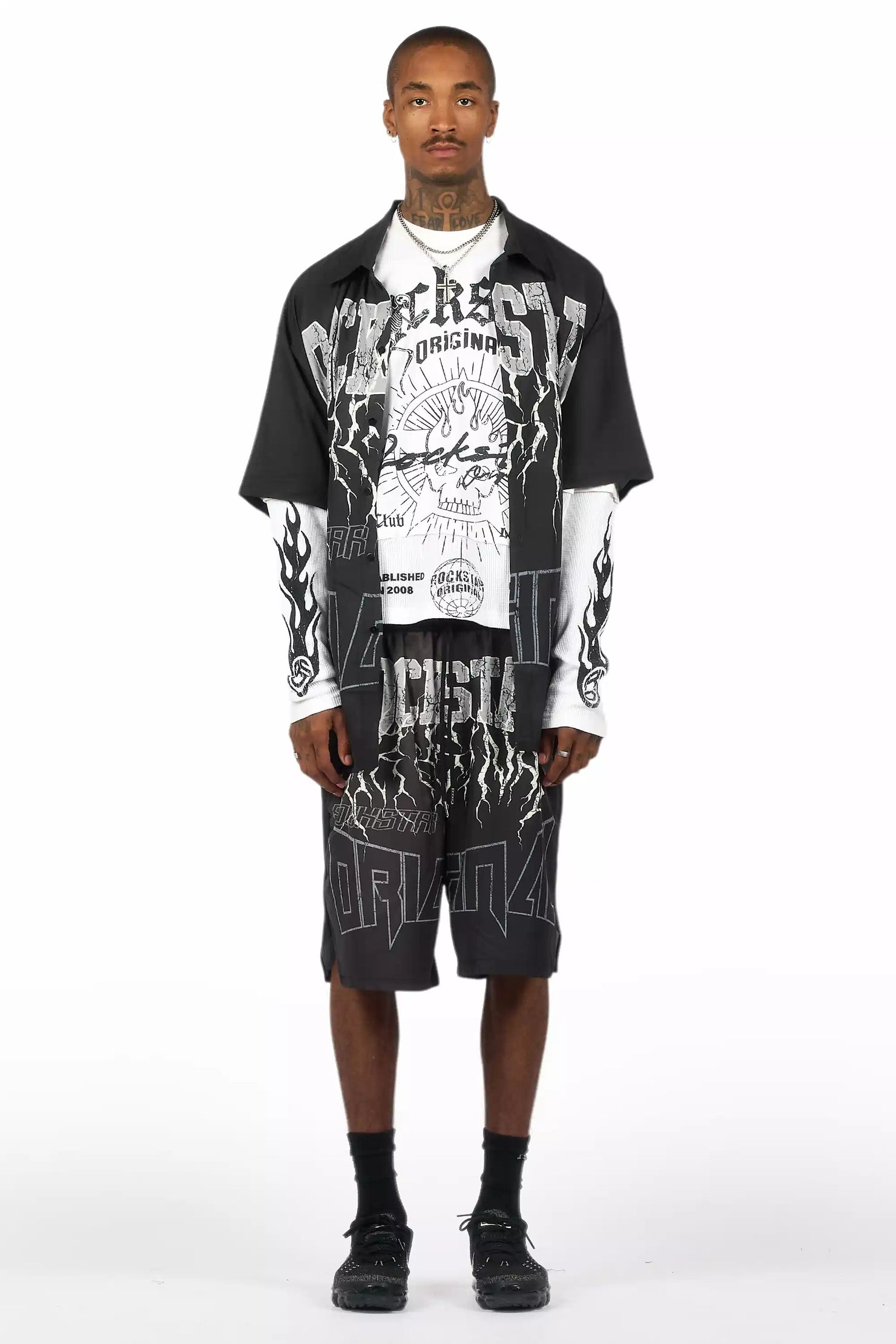 Hustle Black Button Down Short Set