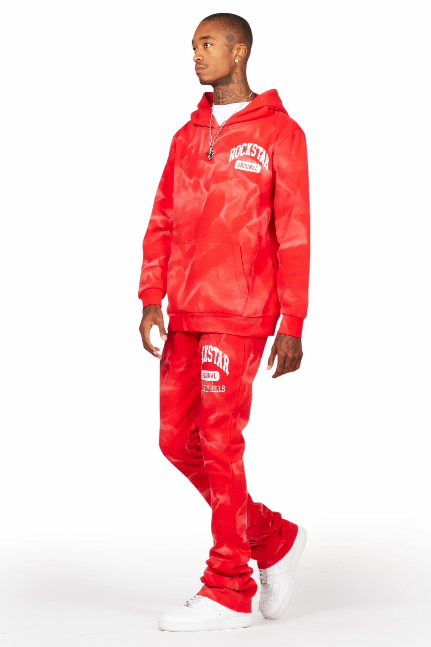 Member Red Hoodie Patchwork Stacked Flare Track Set
