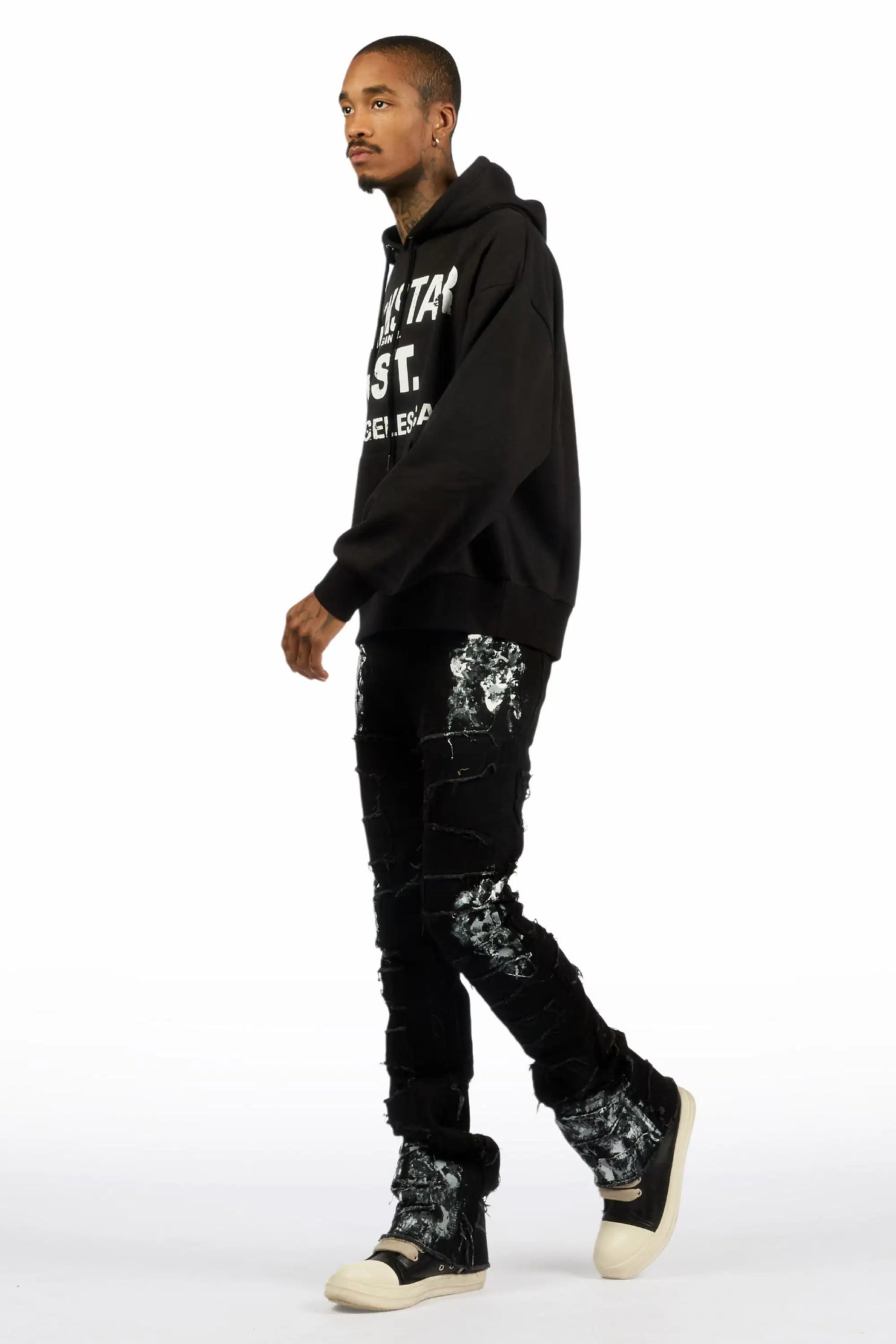 Saxon Black/Black Hoodie/Stacked Flare Jean Set