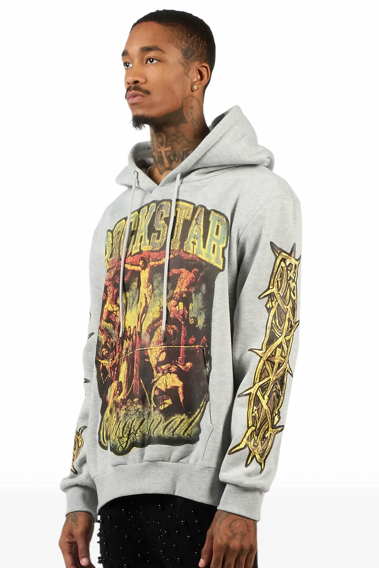 Waller Heather Grey Graphic Distressed Hoodie