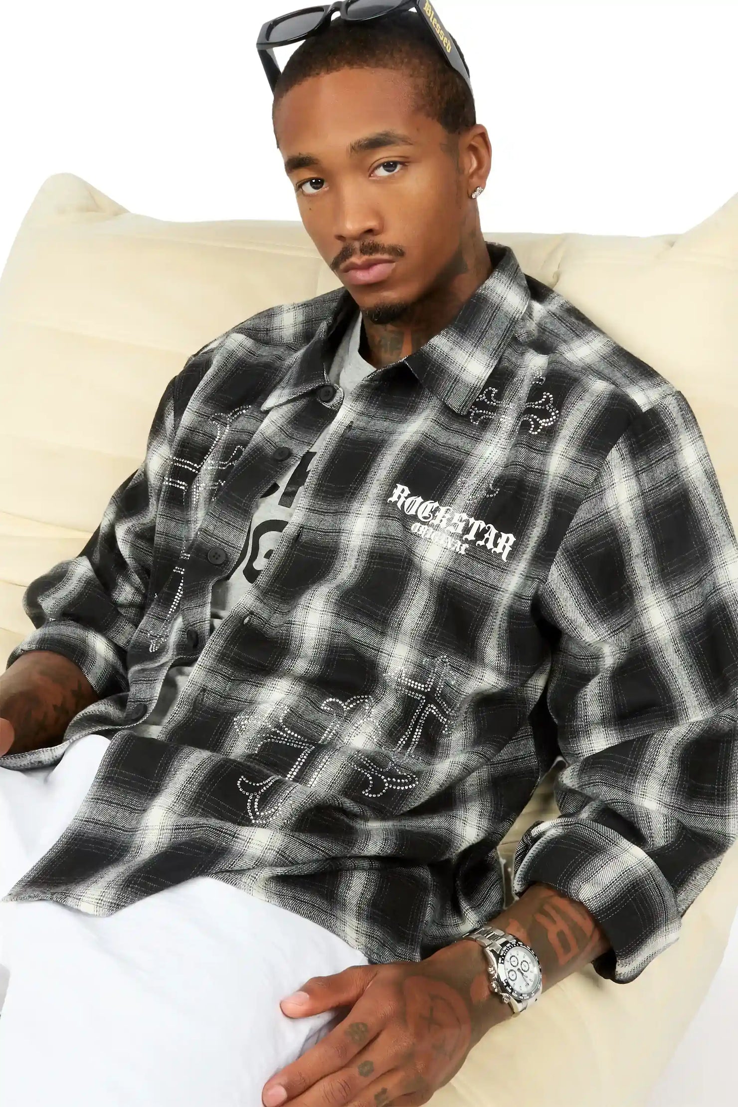 Poldi Black Rhinestone Flannel Long Sleeve Shirt