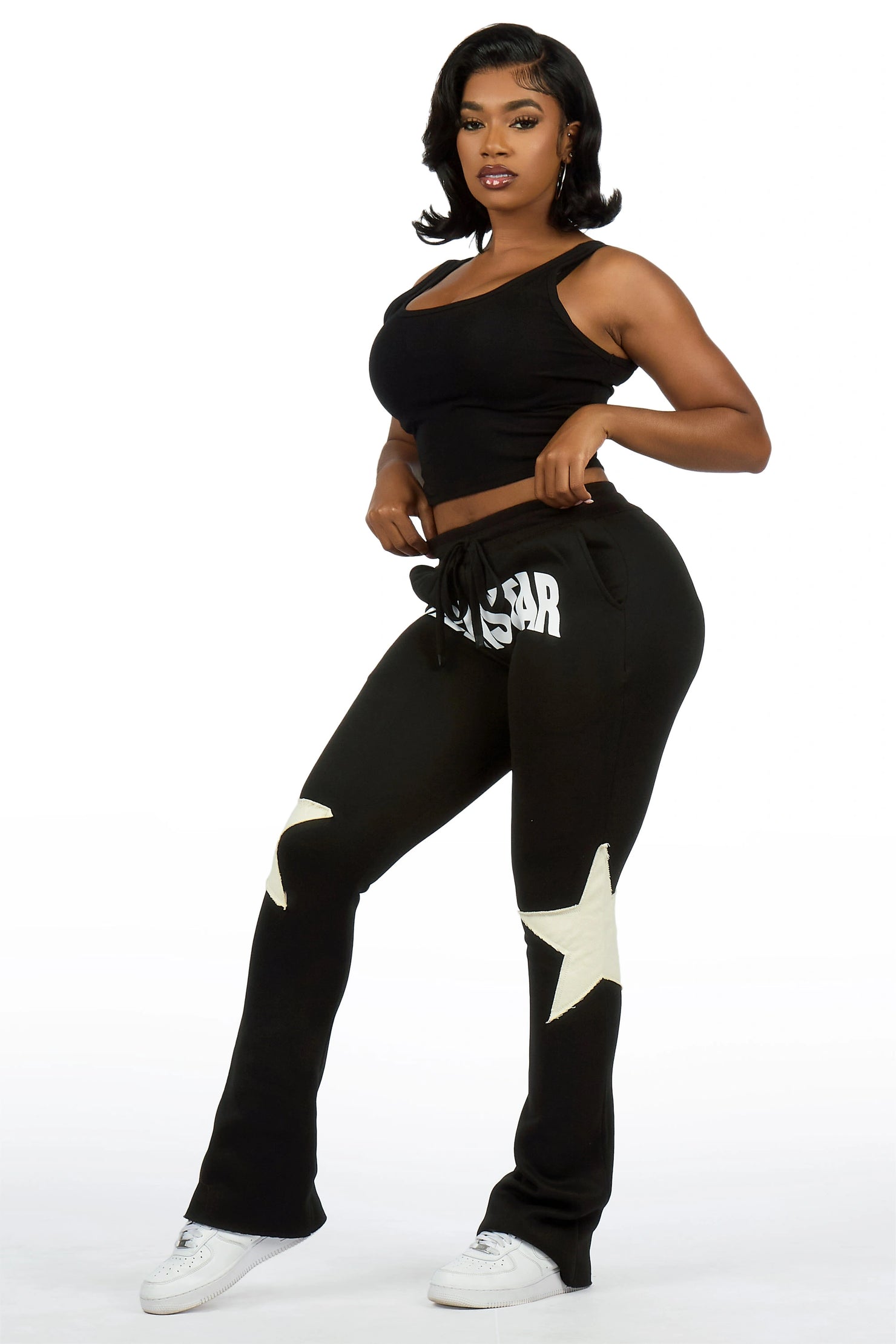 Shanelle Black Patched Stacked Track Pant
