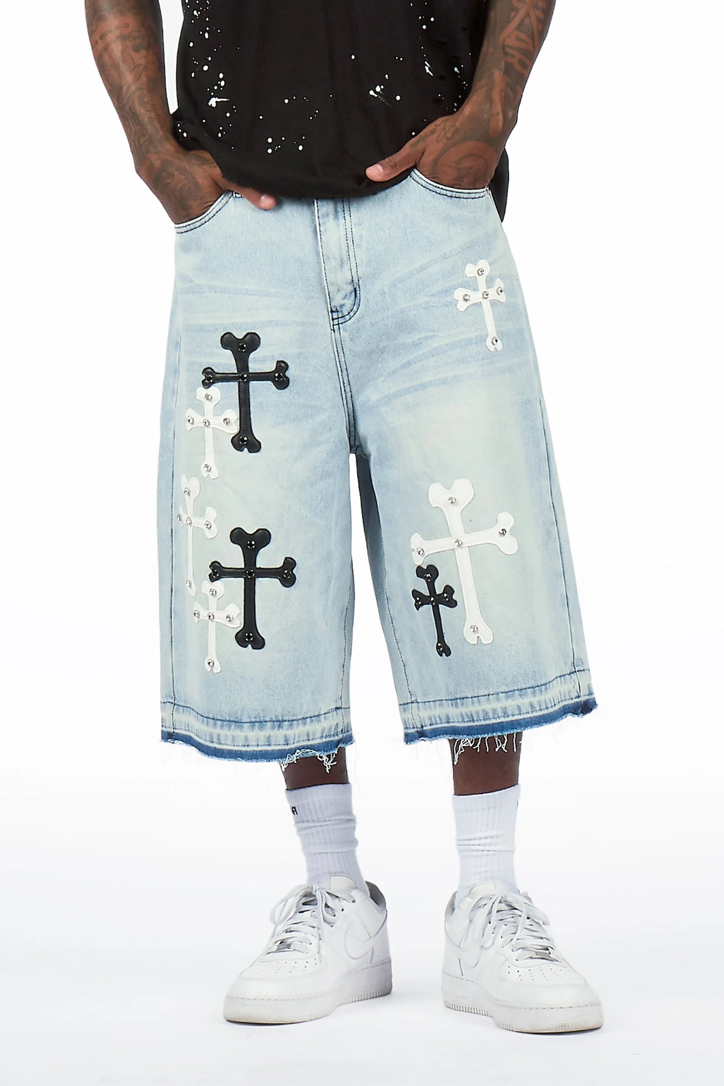Olivier Light Blue Patch Rhinestone Denim Short