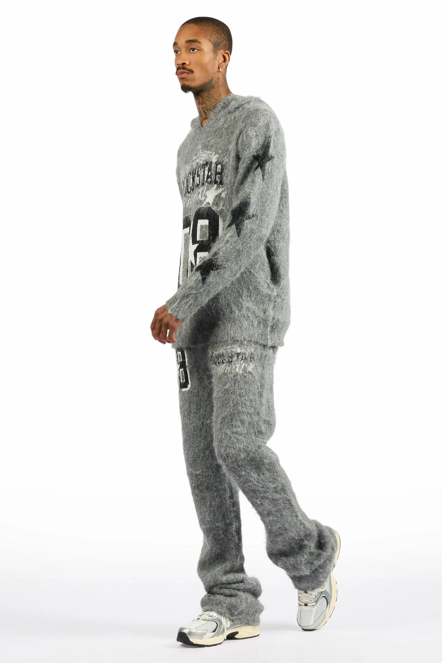 Allstar Grey Hoodie Stacked Flare Knitted Mohair Track Set