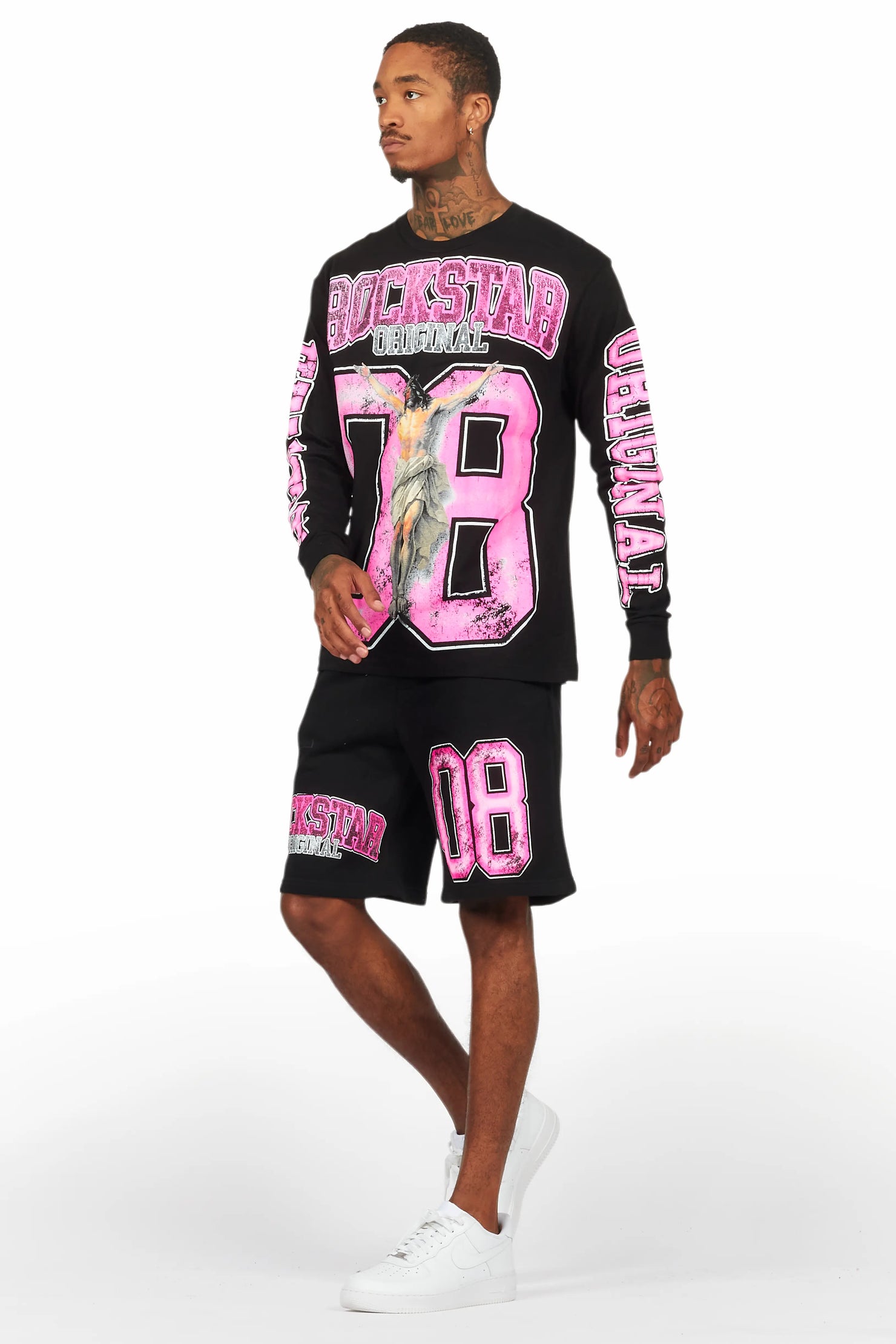 Fields Black/Pink Long Sleeve T-Shirt Short Set