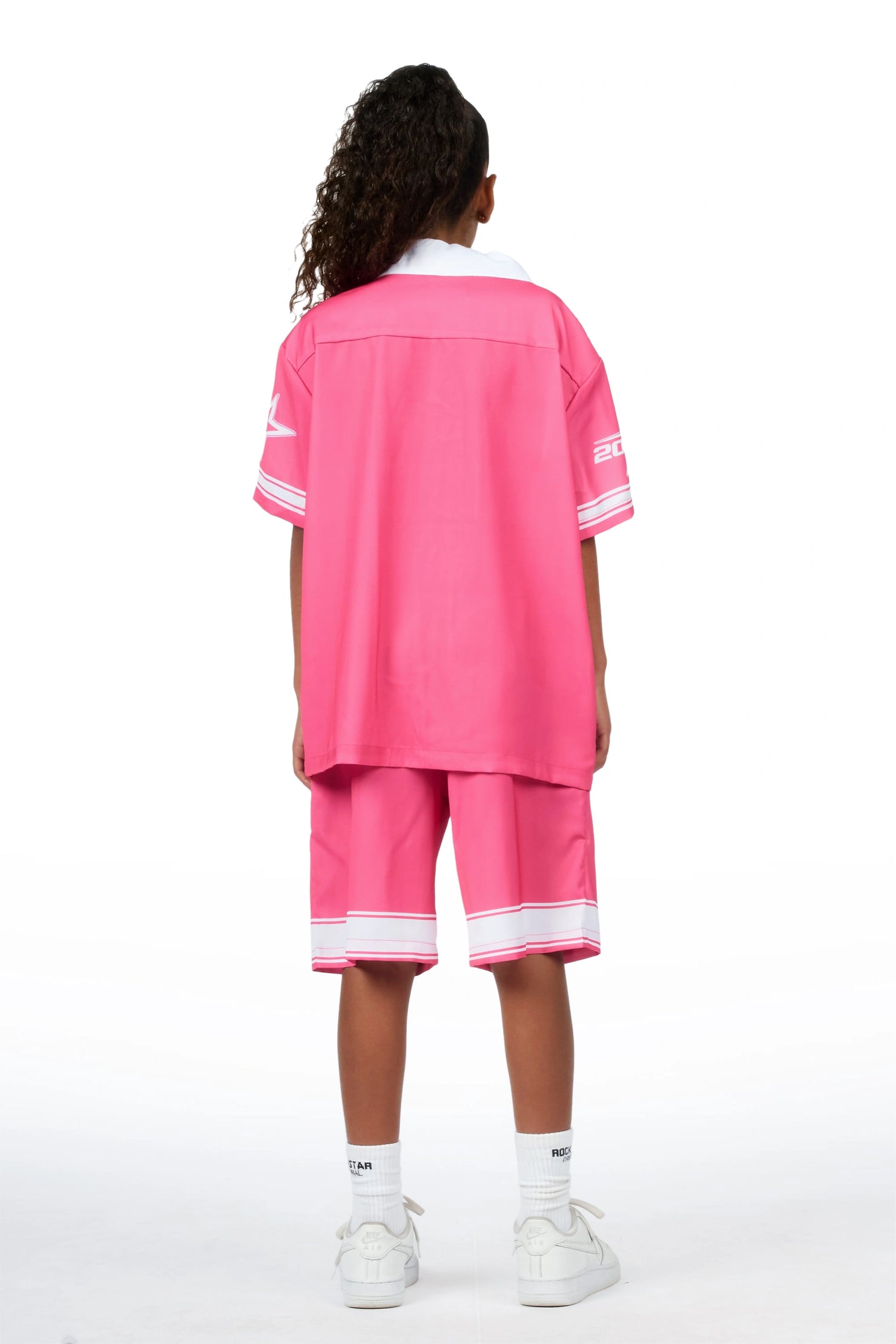 Girls Tinna Pink Button Down T-Shirt Short Set