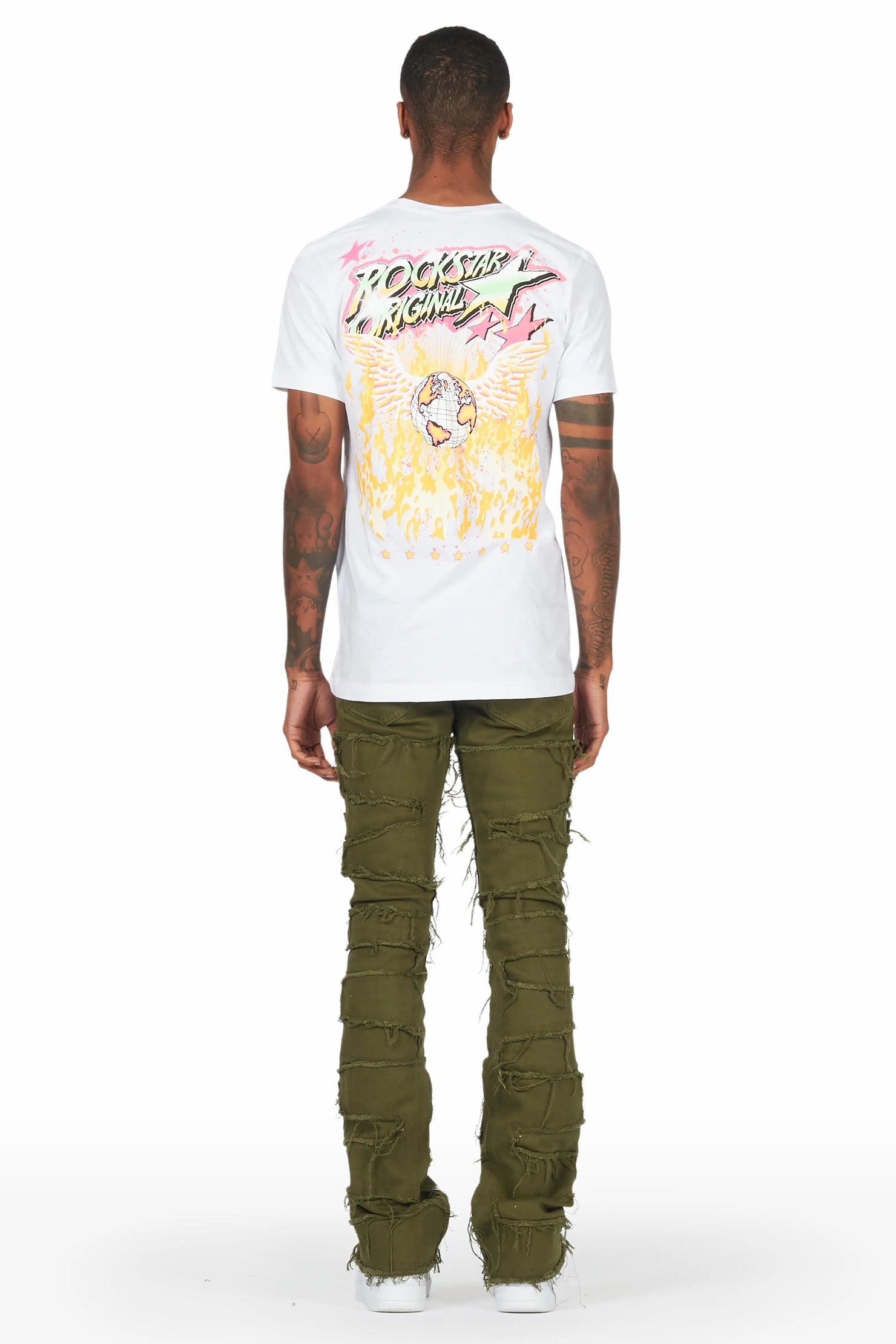 Yakez Green Painter Stacked Flare Jean