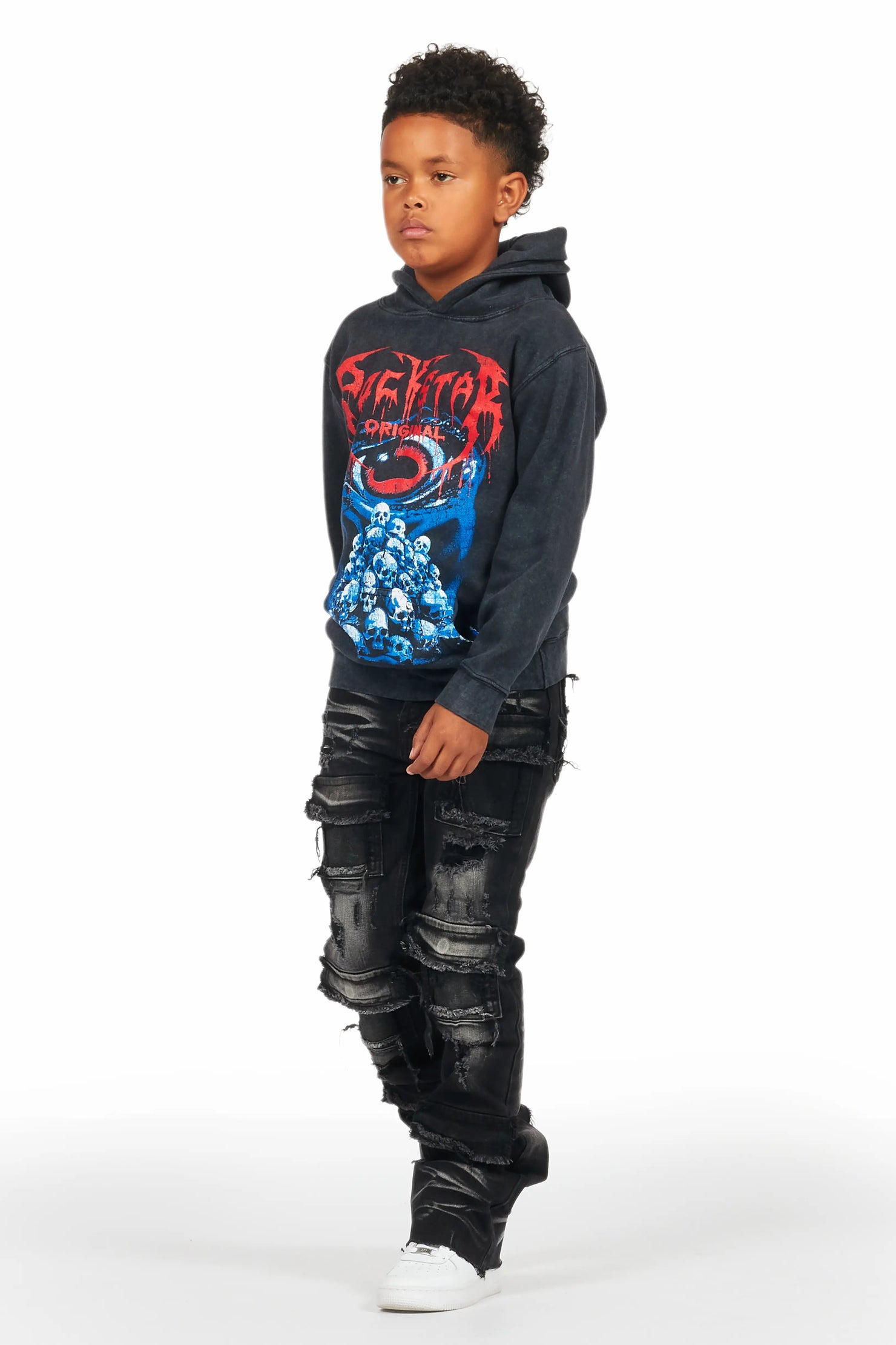 Boys Vicious Vintage Black Hoodie/Stacked Flare Jean Set
