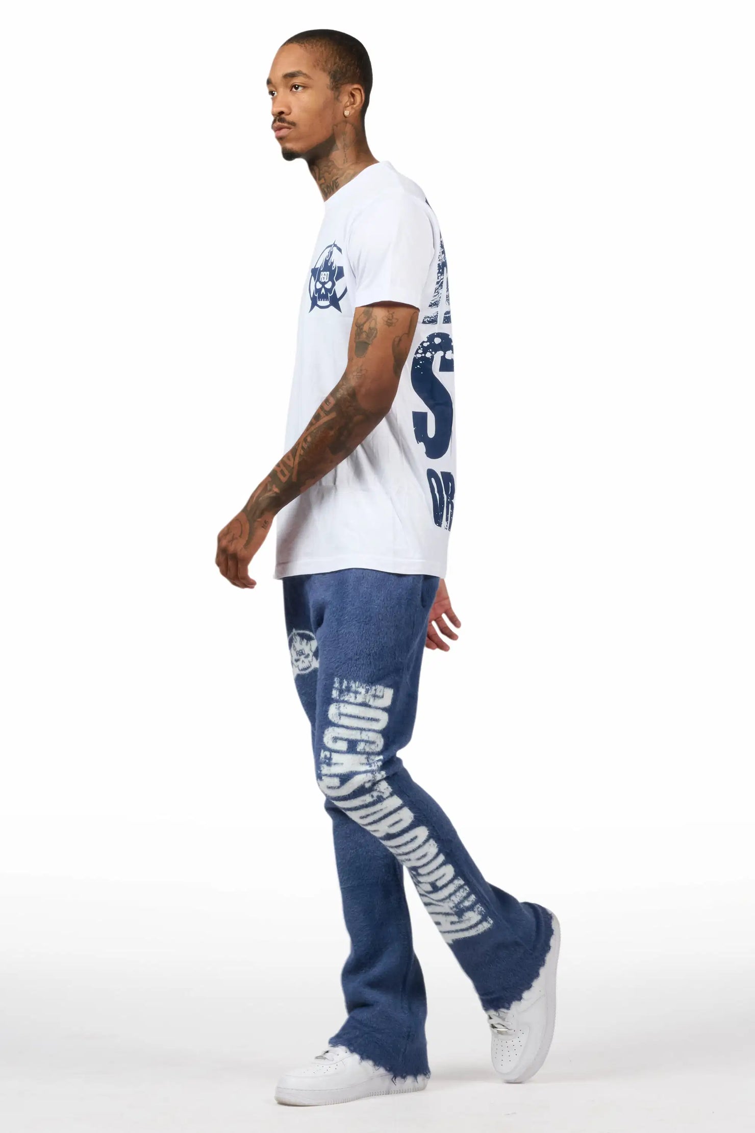 Keve White/Navy T-Shirt/Knitted Mohair Flare Pant Set