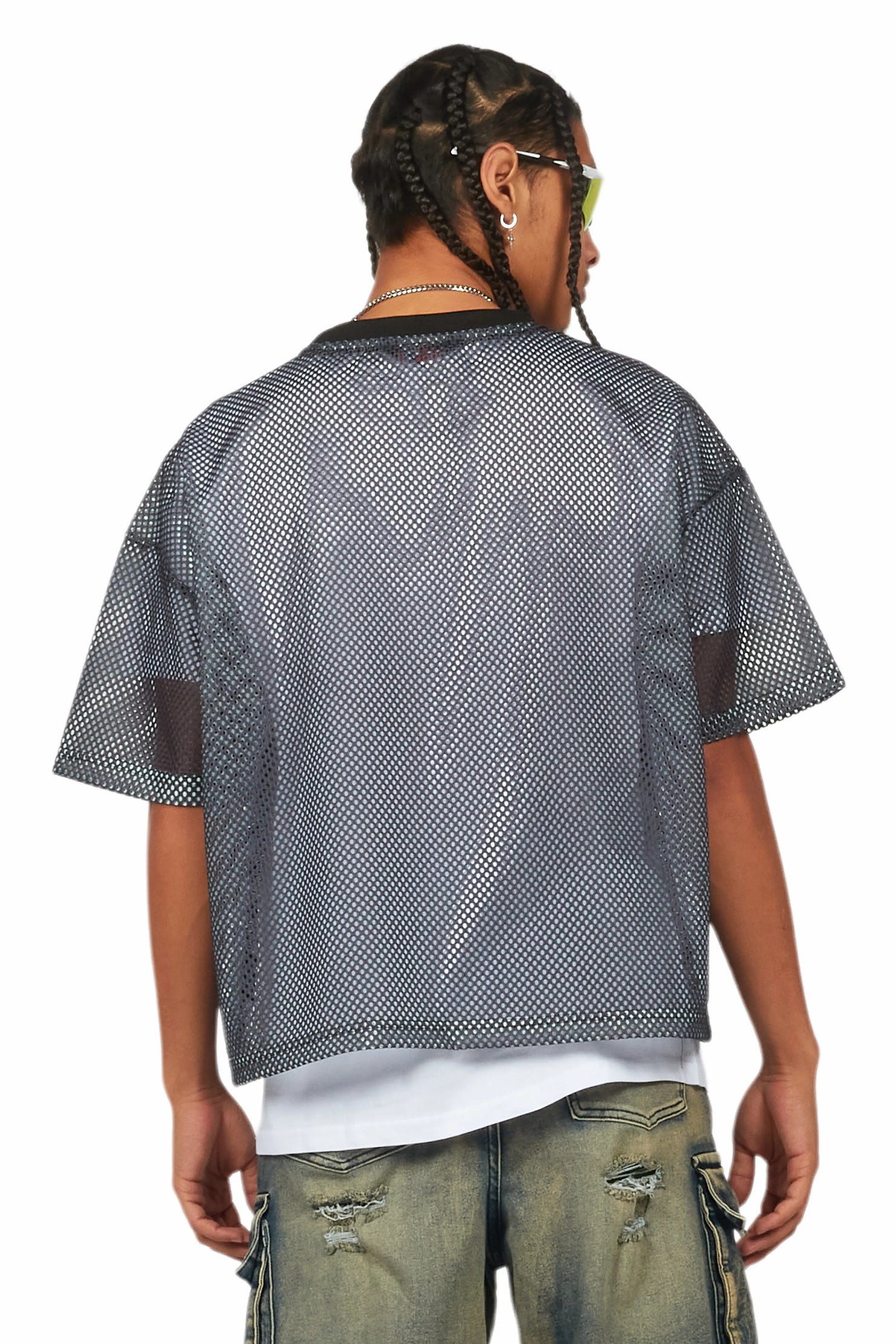 Sabas Black Graphic Crop Top Mesh Jersey