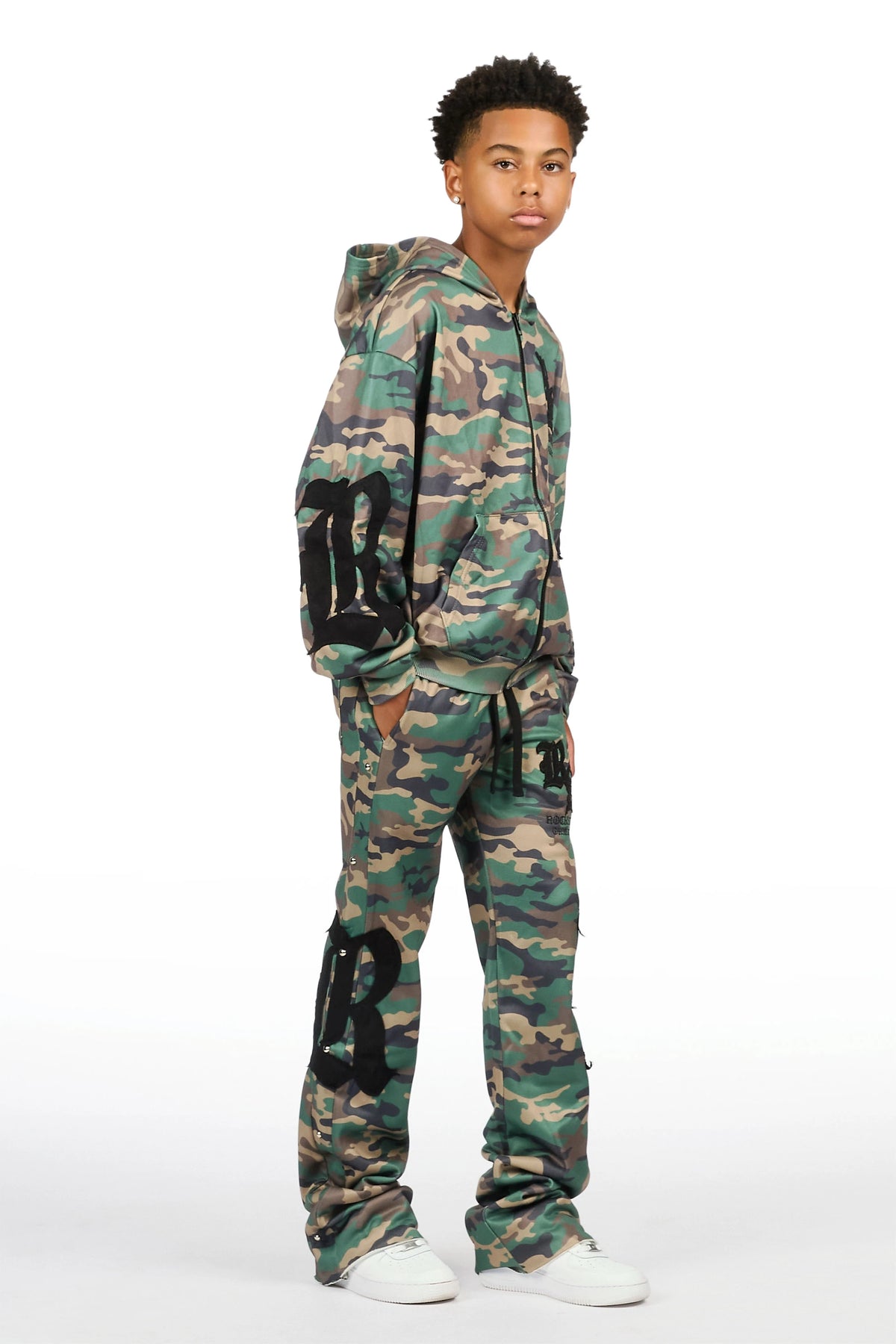 Boys Shire Camo/Black Zip Up Hoodie Stacked Track Set