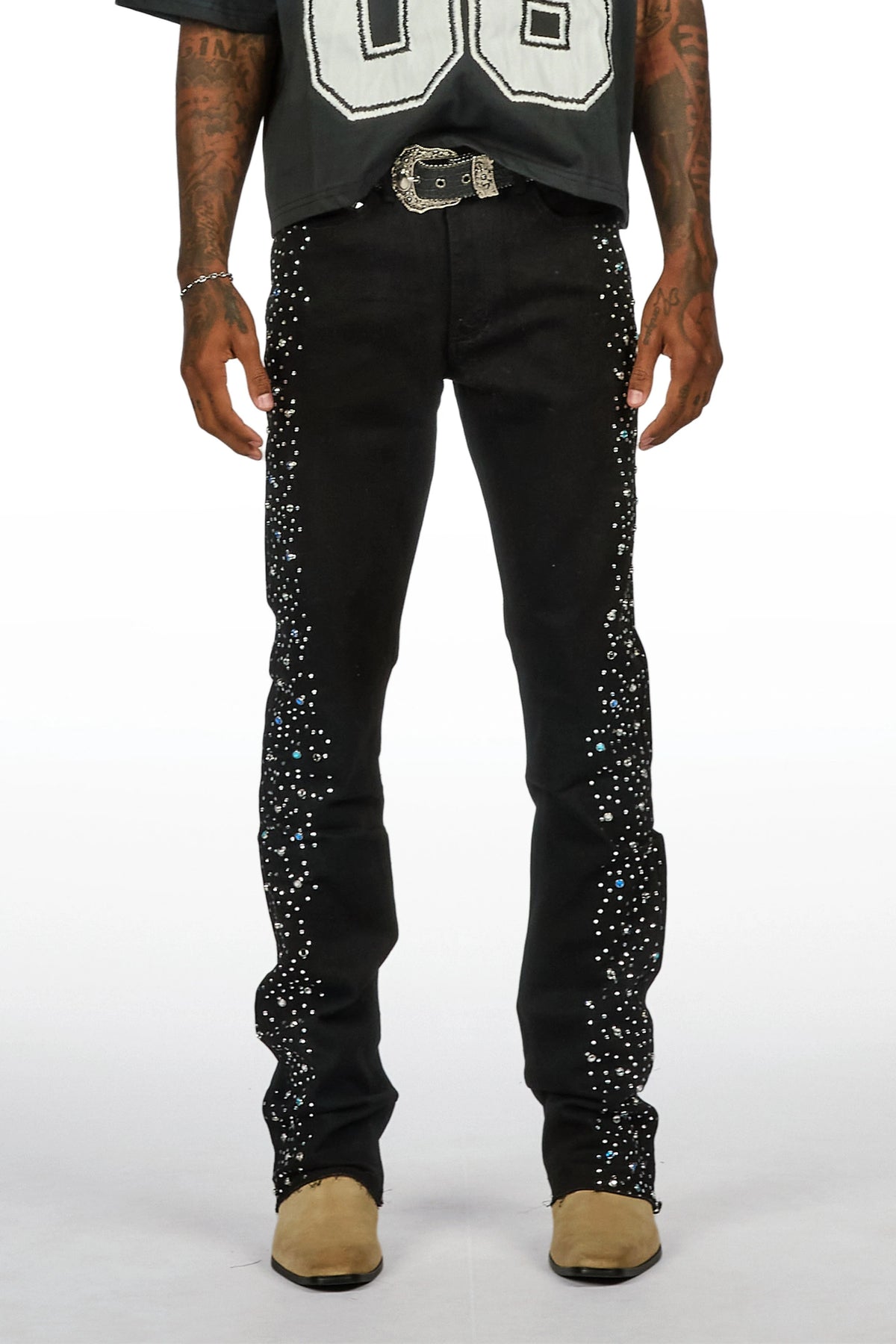 Monty Jet Black Rhinestone Studded Stacked Flare Jean