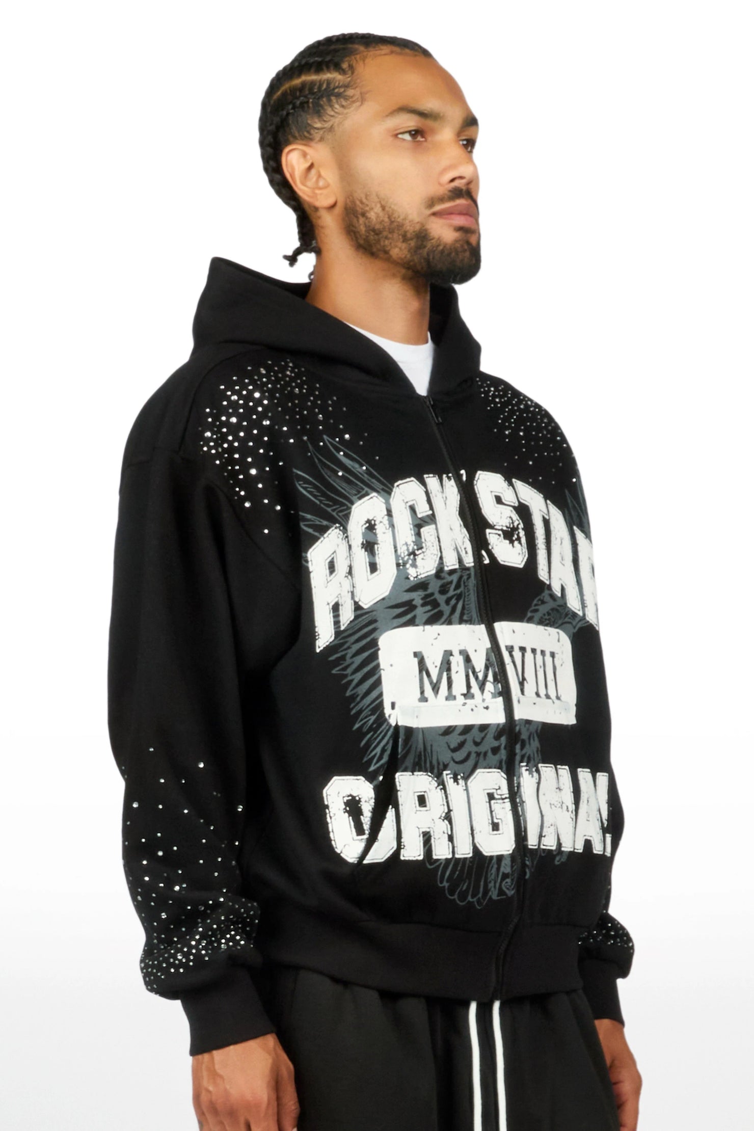 Borya Black Rhinestone Zip Up Hoodie