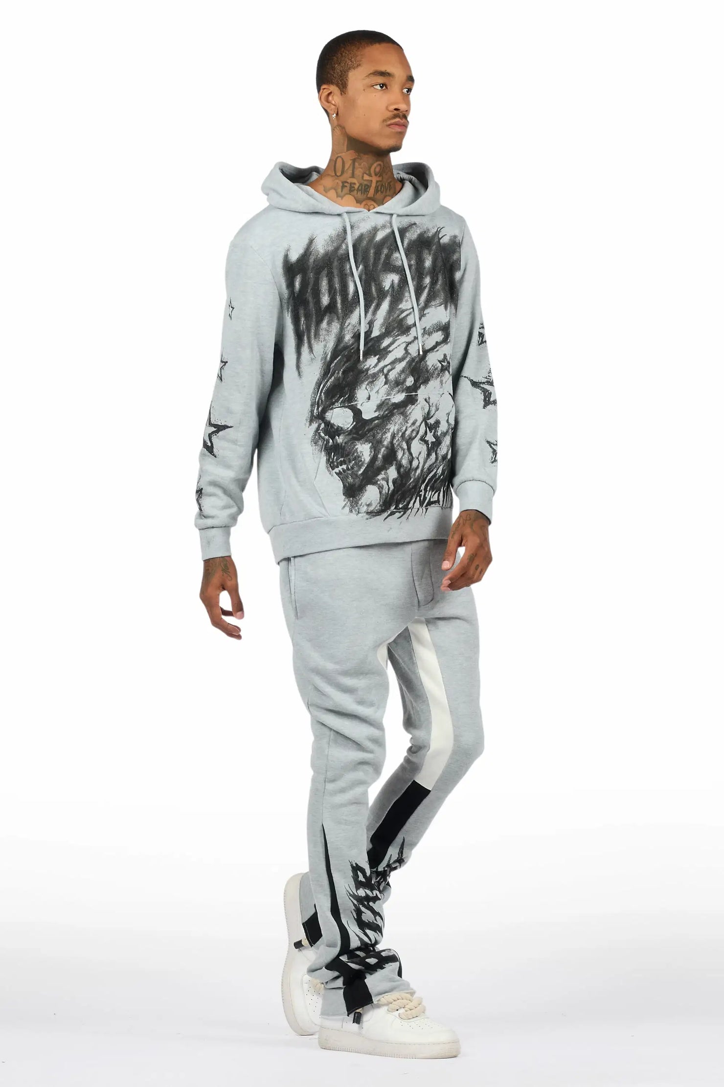 Nelz Heather Grey/Black Hoodie/Stacked Track Pant Set