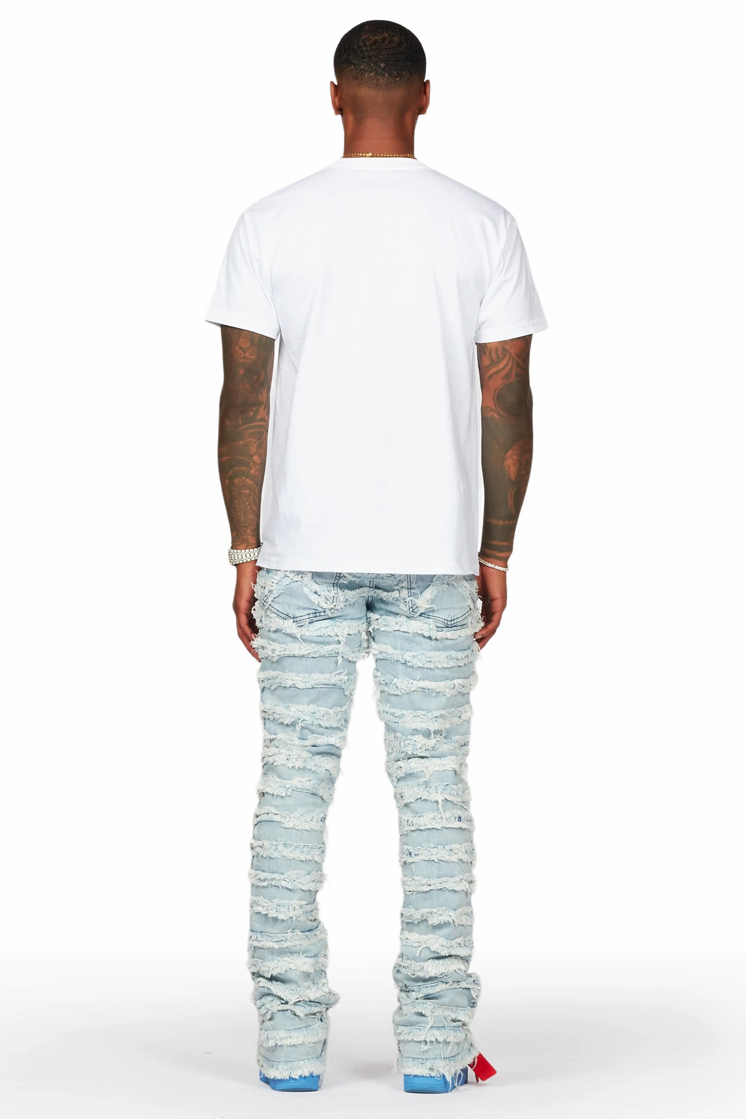 Members White T-Shirt & Ayan Blue Stacked Flare Jean