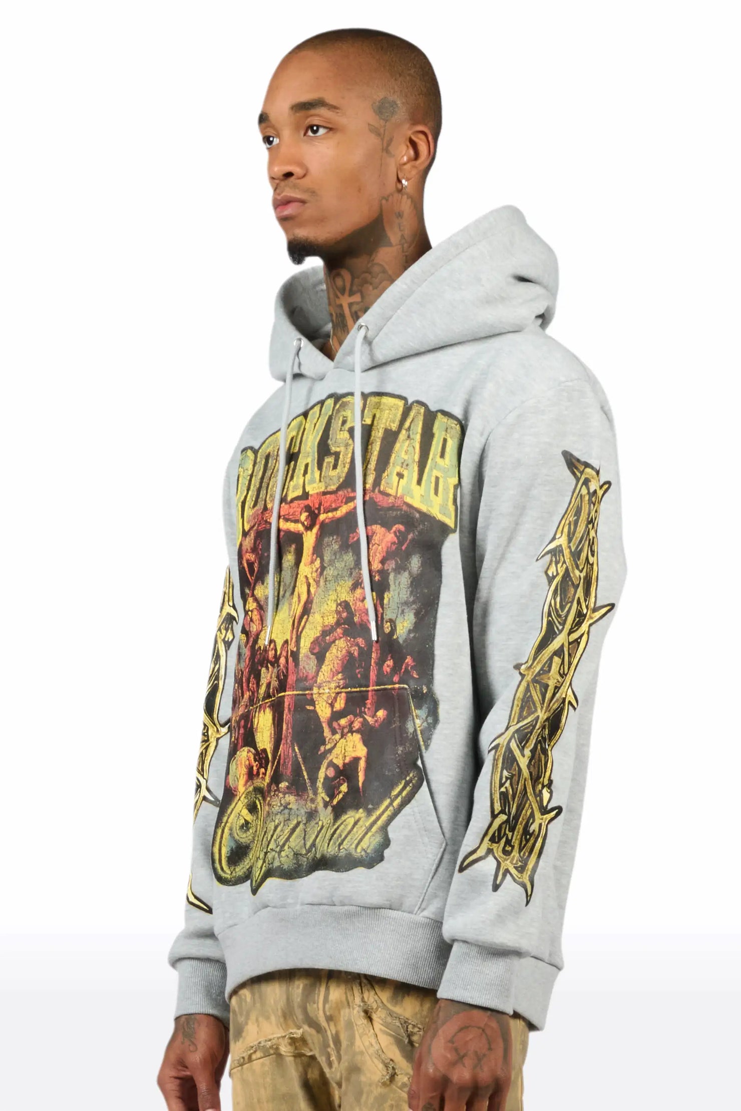 Waller Heather Grey Graphic Distressed Relaxed Hoodie